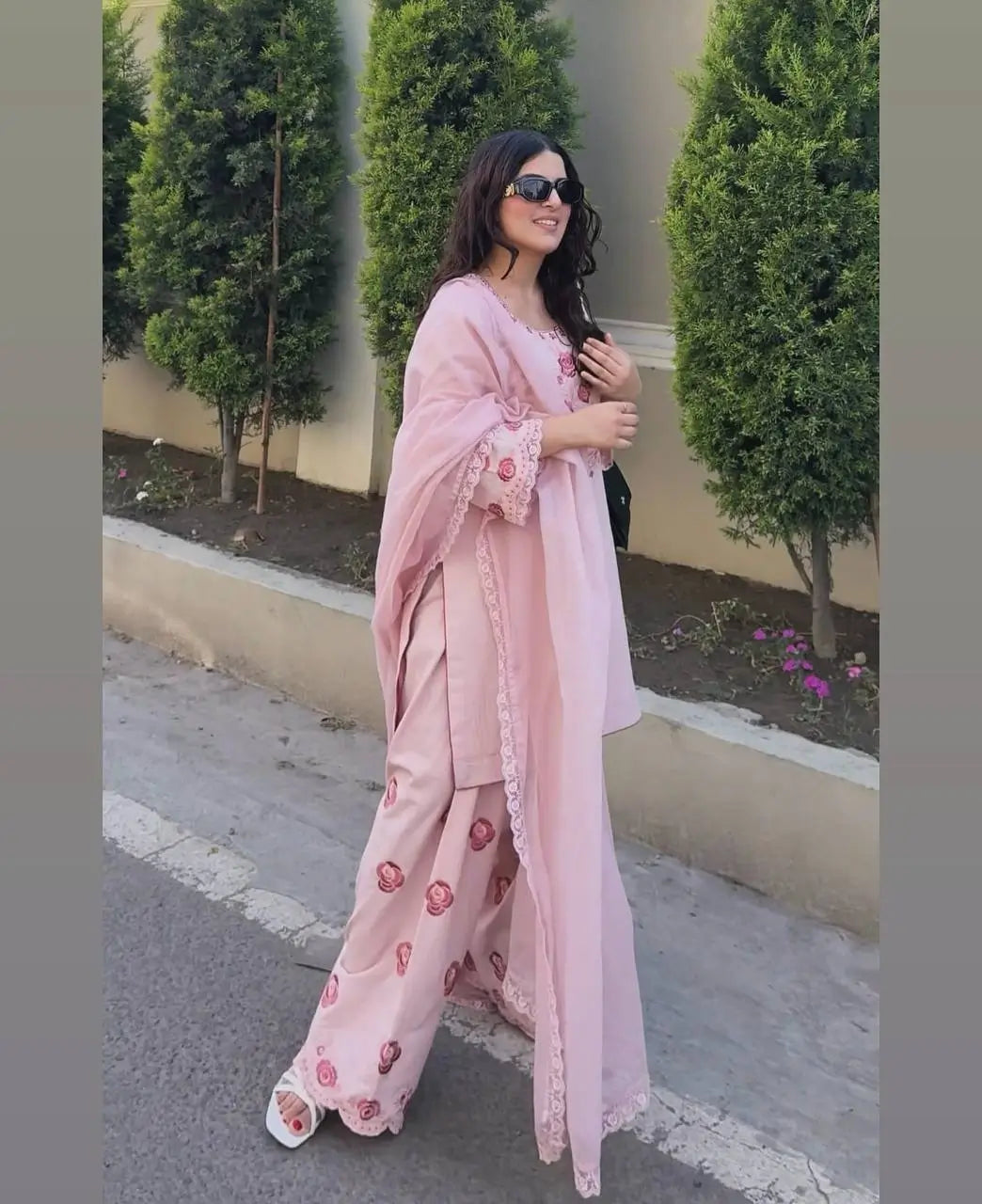 Baby Pink Crepe Embroidered Suit with Farshi Plazzo & Dupatta – Elegant Festive & Party We