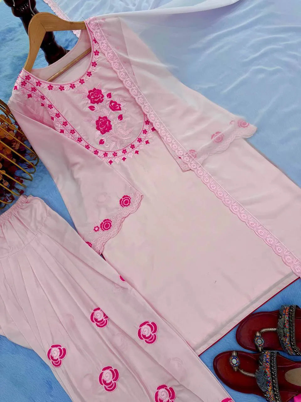 Baby Pink Crepe Embroidered Suit with Farshi Plazzo & Dupatta – Elegant Festive & Party We