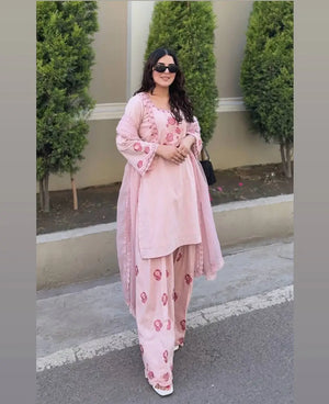 Baby Pink Crepe Embroidered Suit with Farshi Plazzo & Dupatta – Elegant Festive & Party We