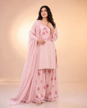Baby Pink Crepe Embroidered Suit with Farshi Plazzo & Dupatta – Elegant Festive & Party We