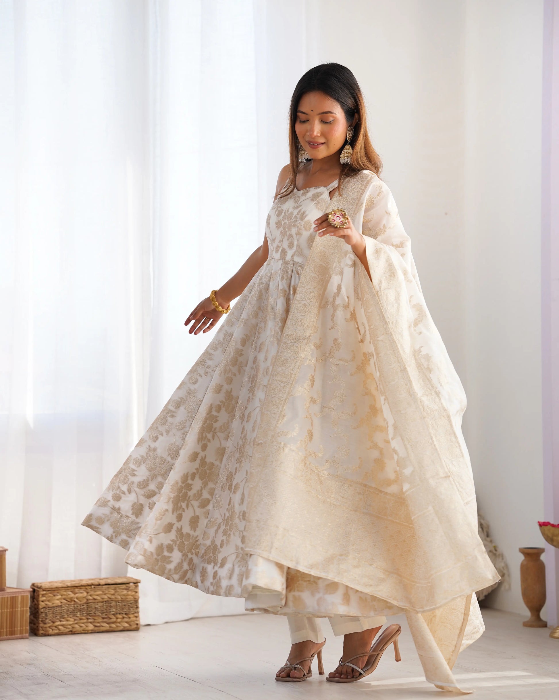 Banarasi Jacquard Dola Silk Flared Anarkali Suit Set