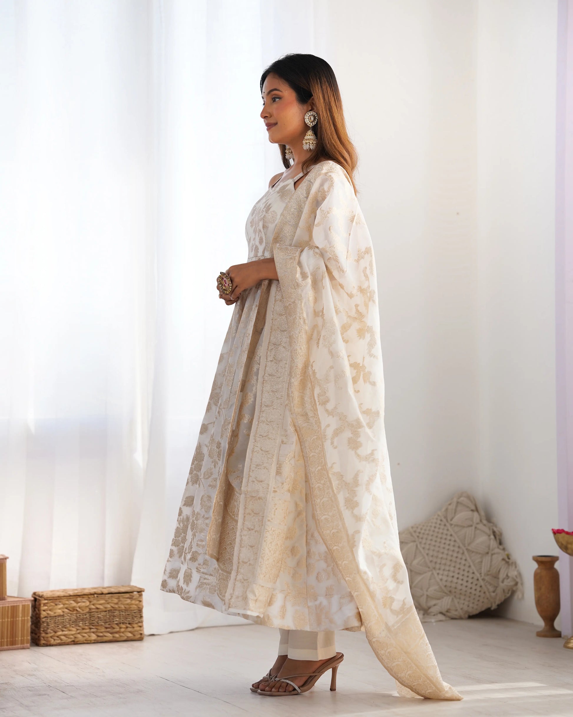 Banarasi Jacquard Dola Silk Flared Anarkali Suit Set