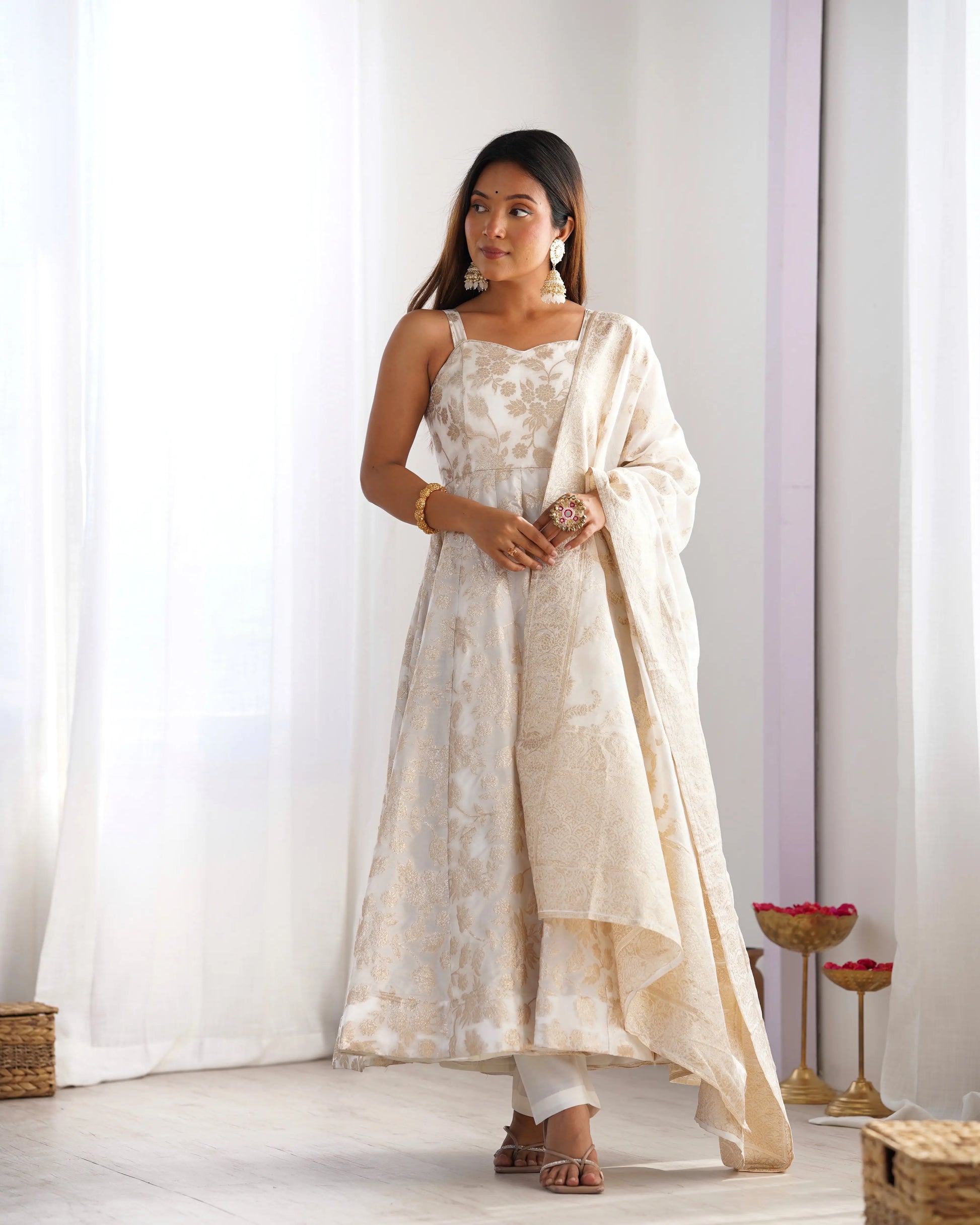 Banarasi Jacquard Dola Silk Flared Anarkali Suit Set