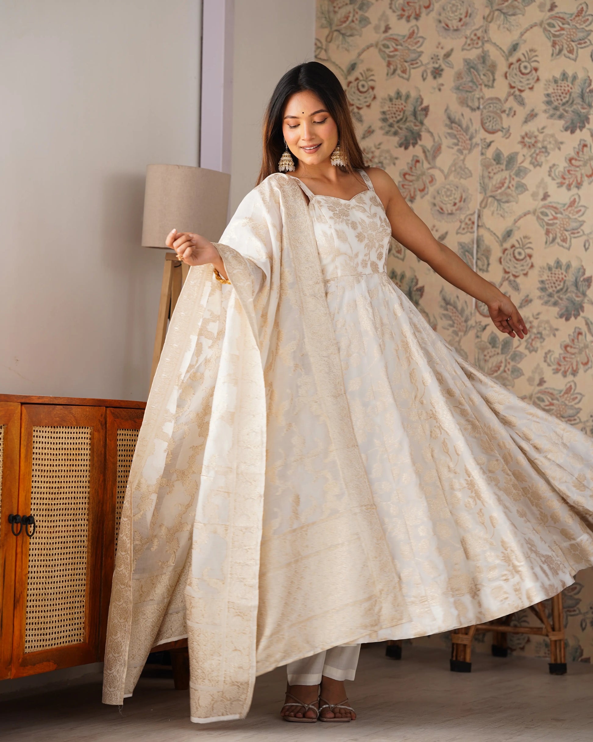 Banarasi Jacquard Dola Silk Flared Anarkali Suit Set