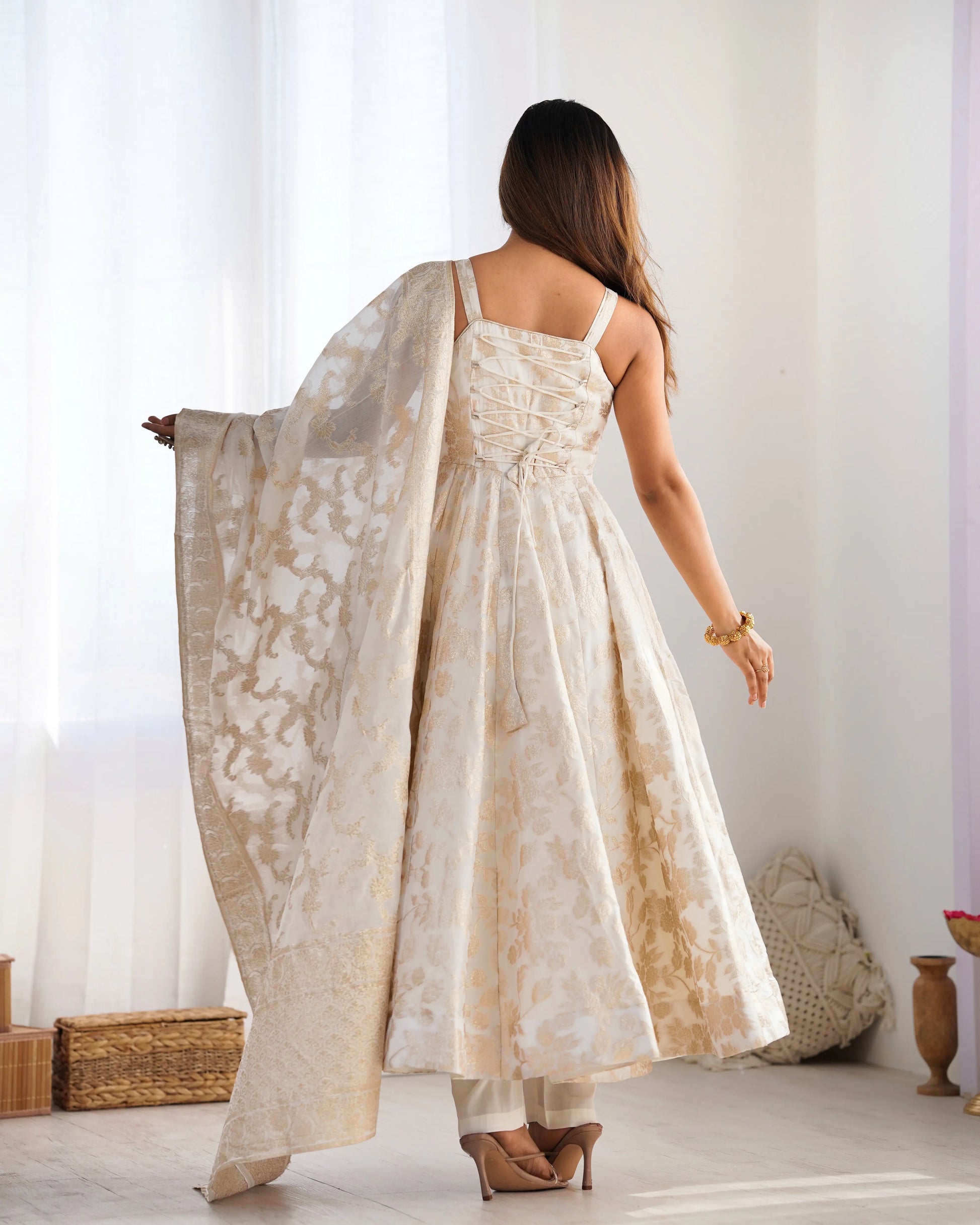 Banarasi Jacquard Dola Silk Flared Anarkali Suit Set