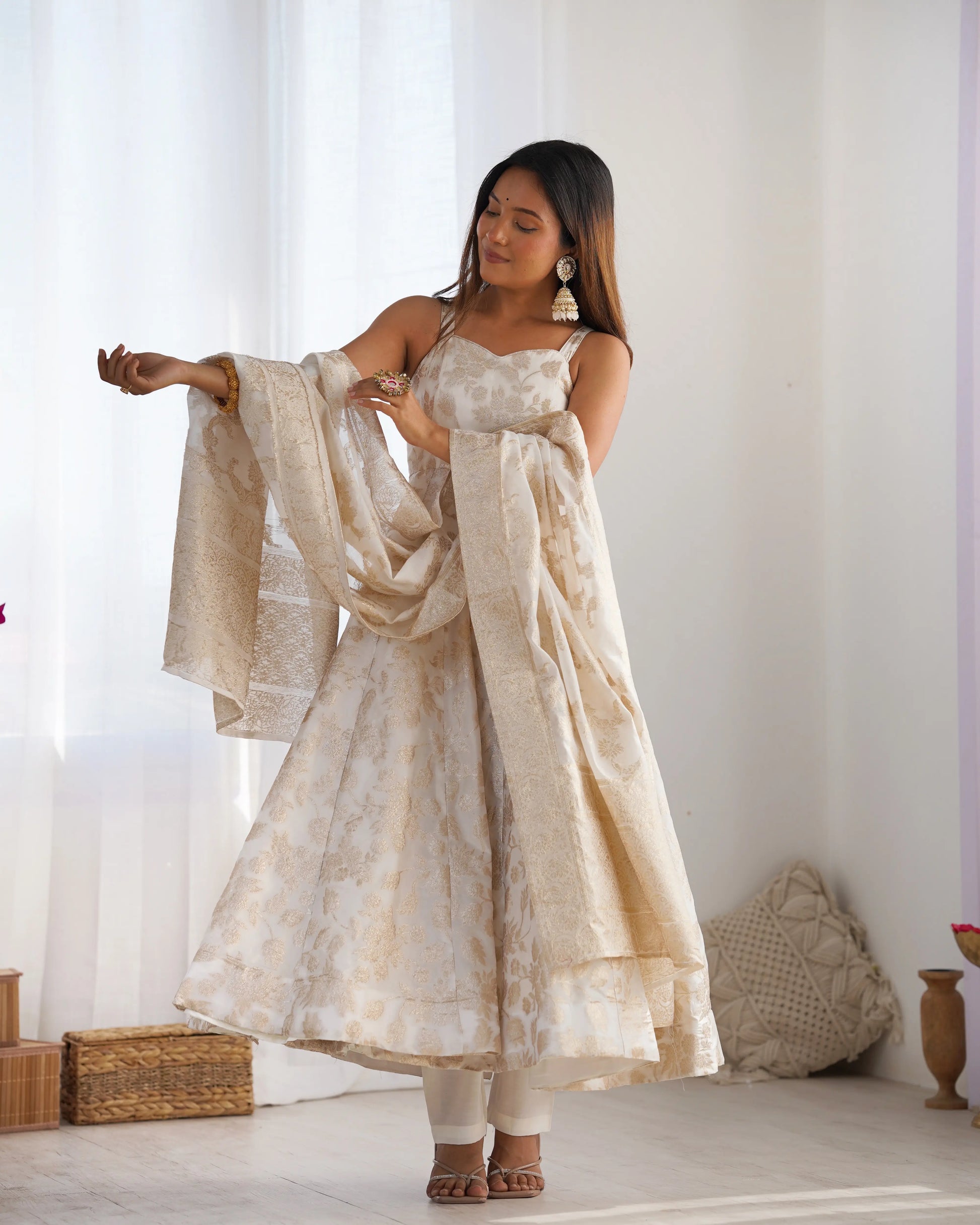 Banarasi Jacquard Dola Silk Flared Anarkali Suit Set