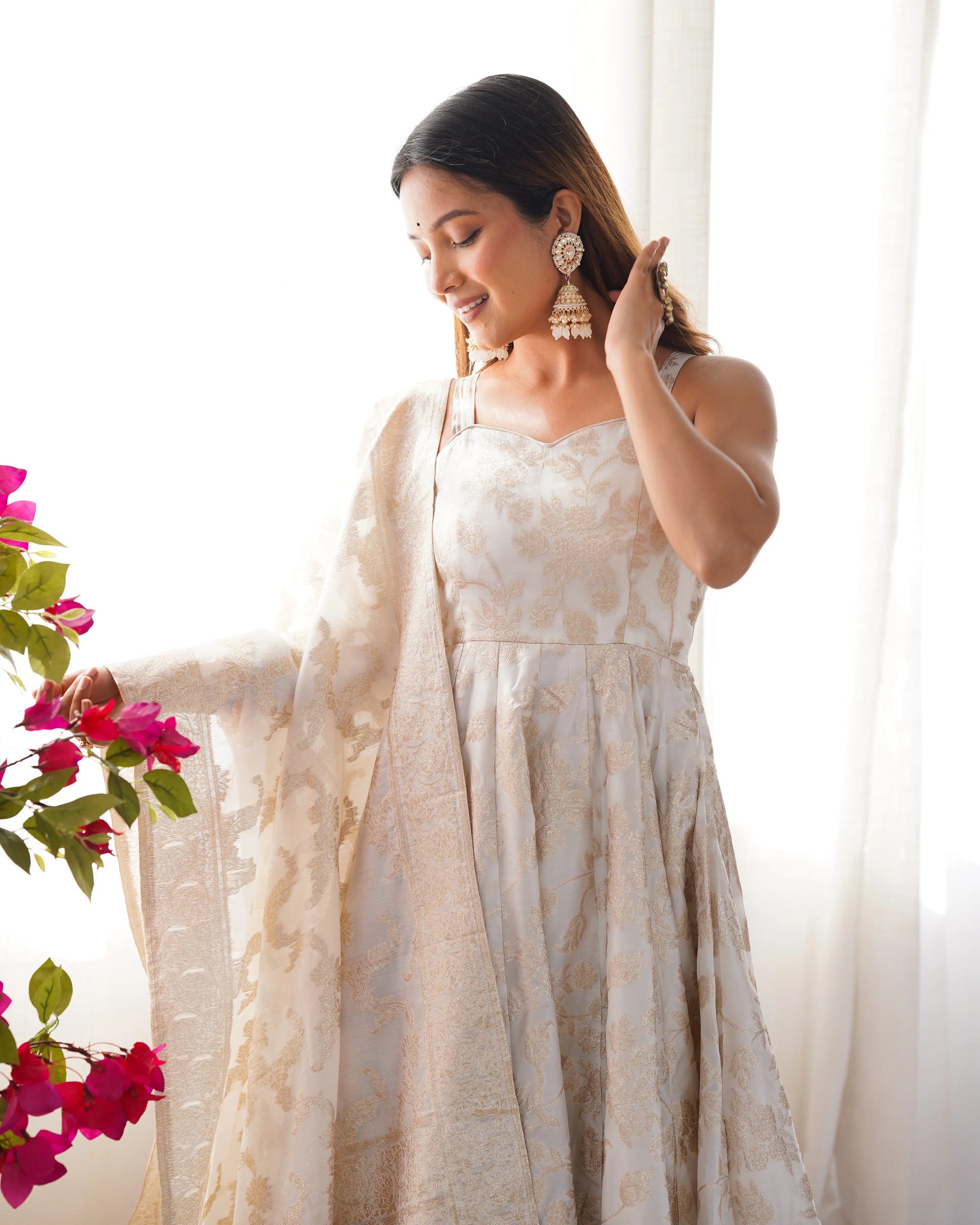 Banarasi Jacquard Dola Silk Flared Anarkali Suit Set