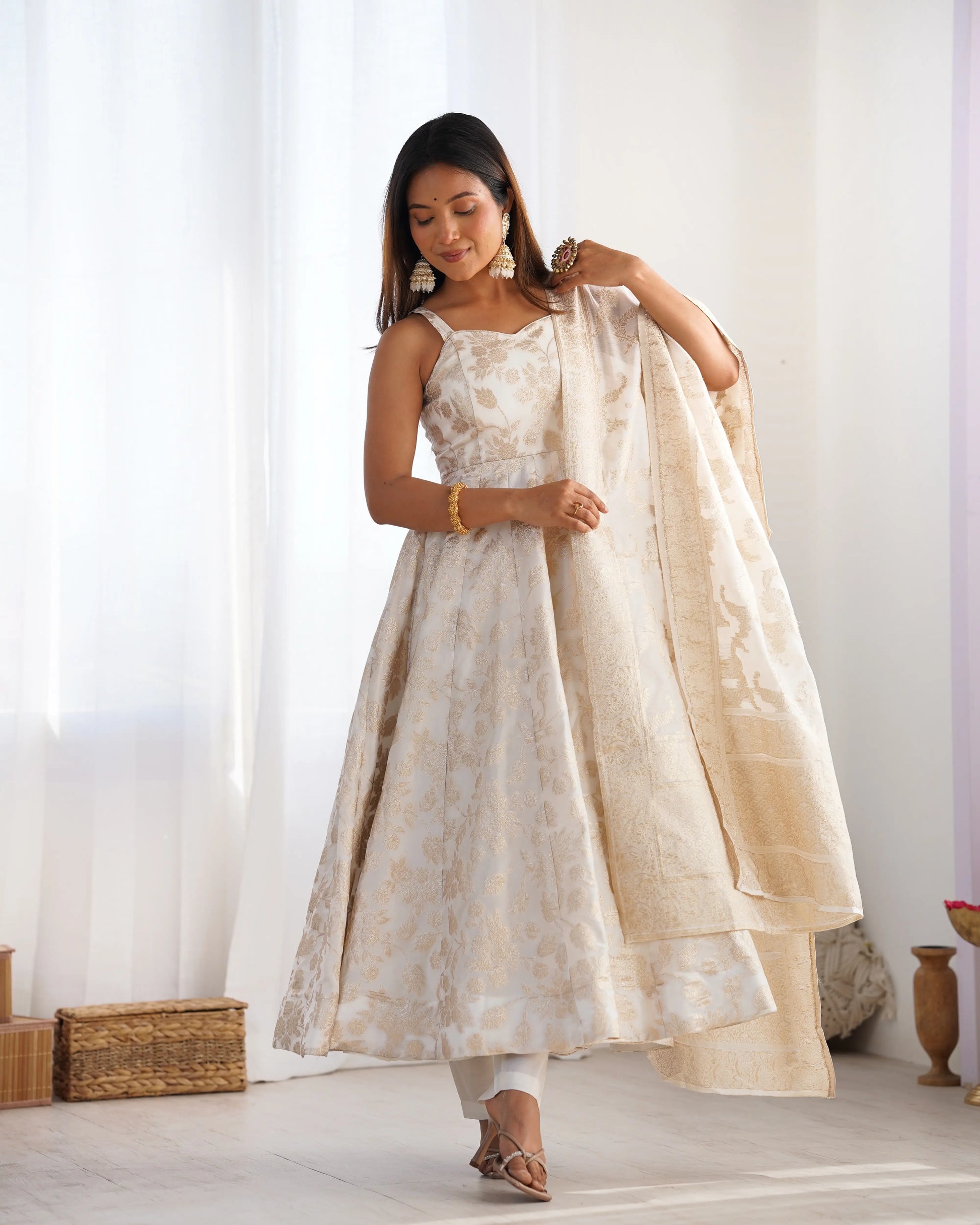 Banarasi Jacquard Dola Silk Flared Anarkali Suit Set