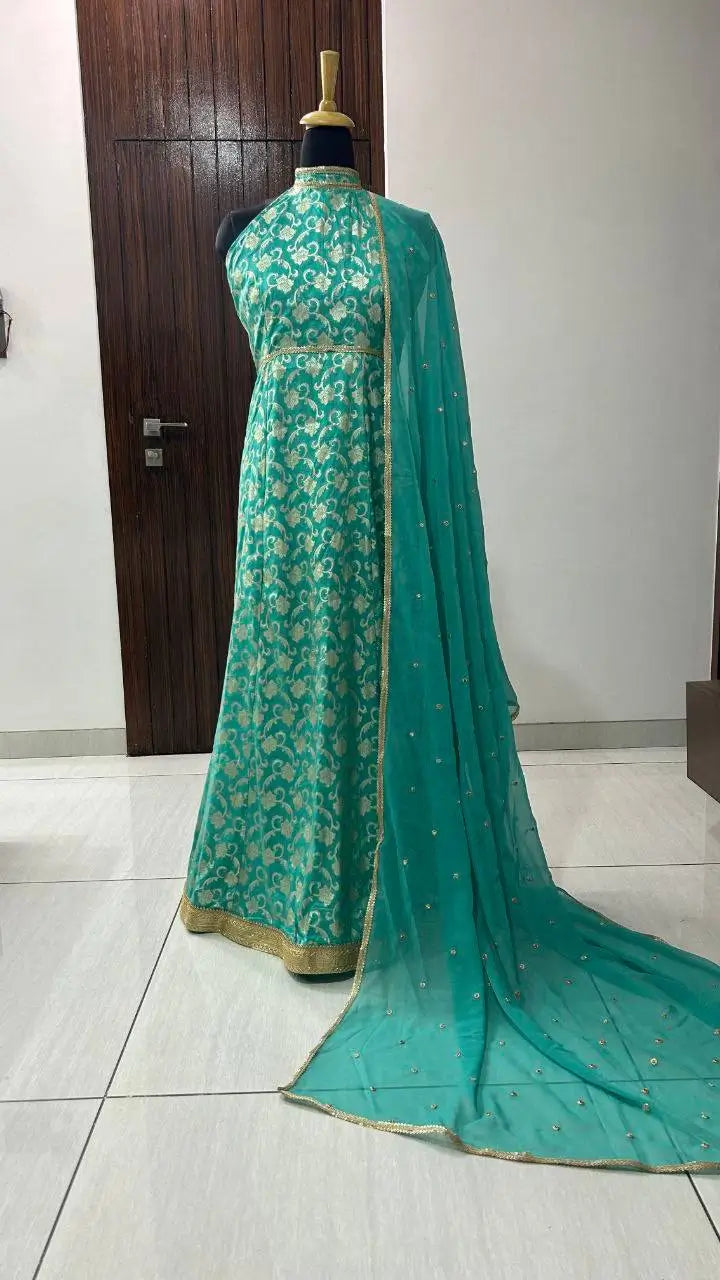 Banarasi Jacquard Silk Anarkali Gown with Dupatta for Festive and Wedding Wear