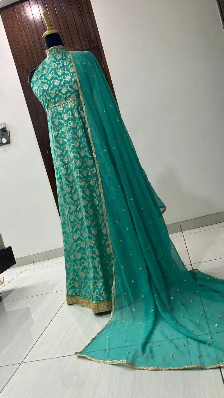 Banarasi Jacquard Silk Anarkali Gown with Dupatta for Festive and Wedding Wear