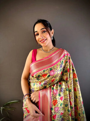Banarasi Paithani Lichi Silk Saree with Floral Print and Peacock Pallu