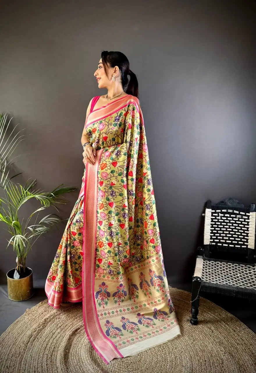Banarasi Paithani Lichi Silk Saree with Floral Print and Peacock Pallu