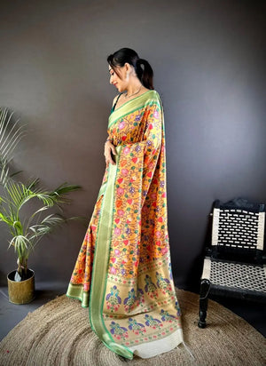 Banarasi Paithani Lichi Silk Saree with Floral Print and Peacock Pallu