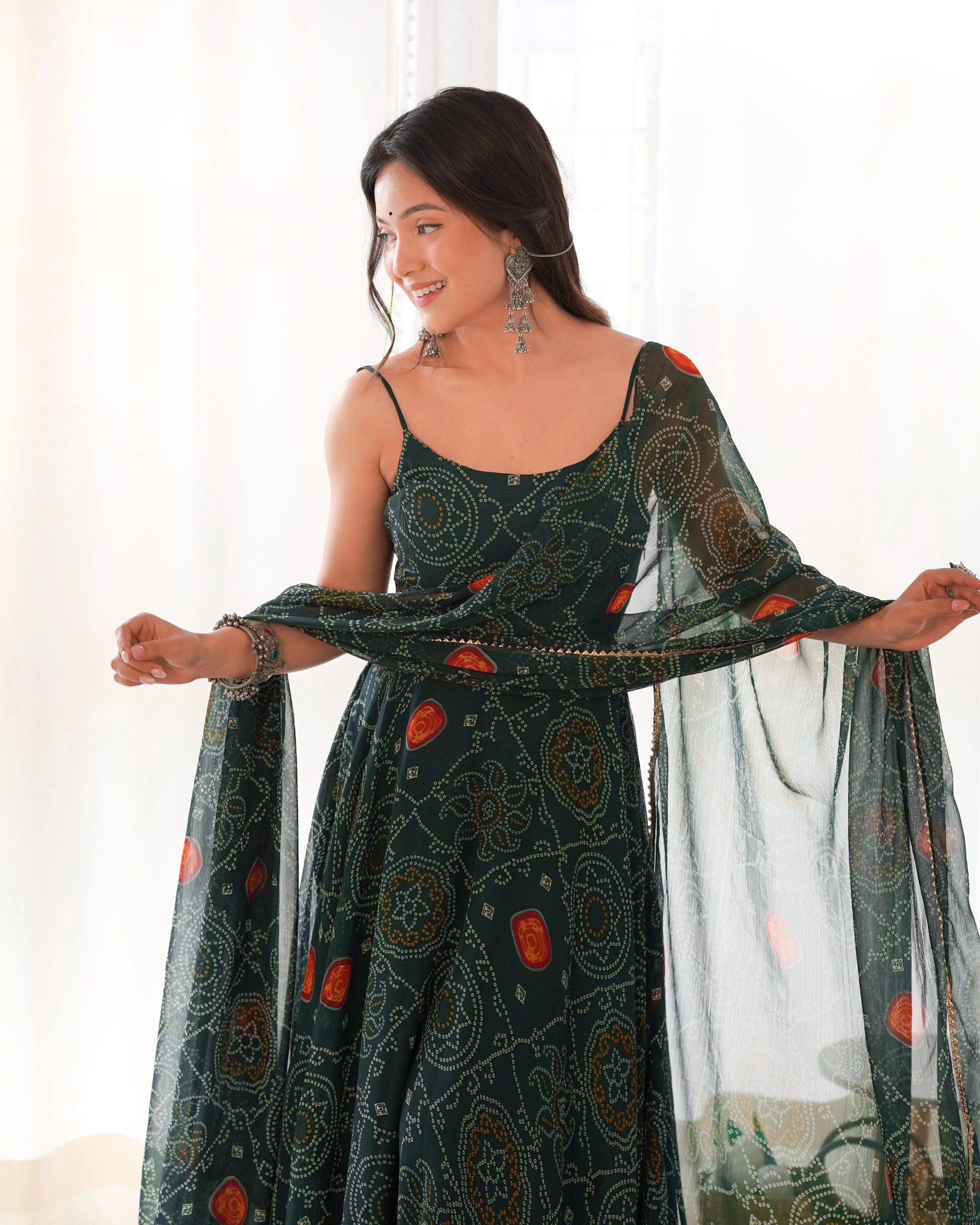 Bandhej Chiffon Flared Anarkali Gown with Dupatta