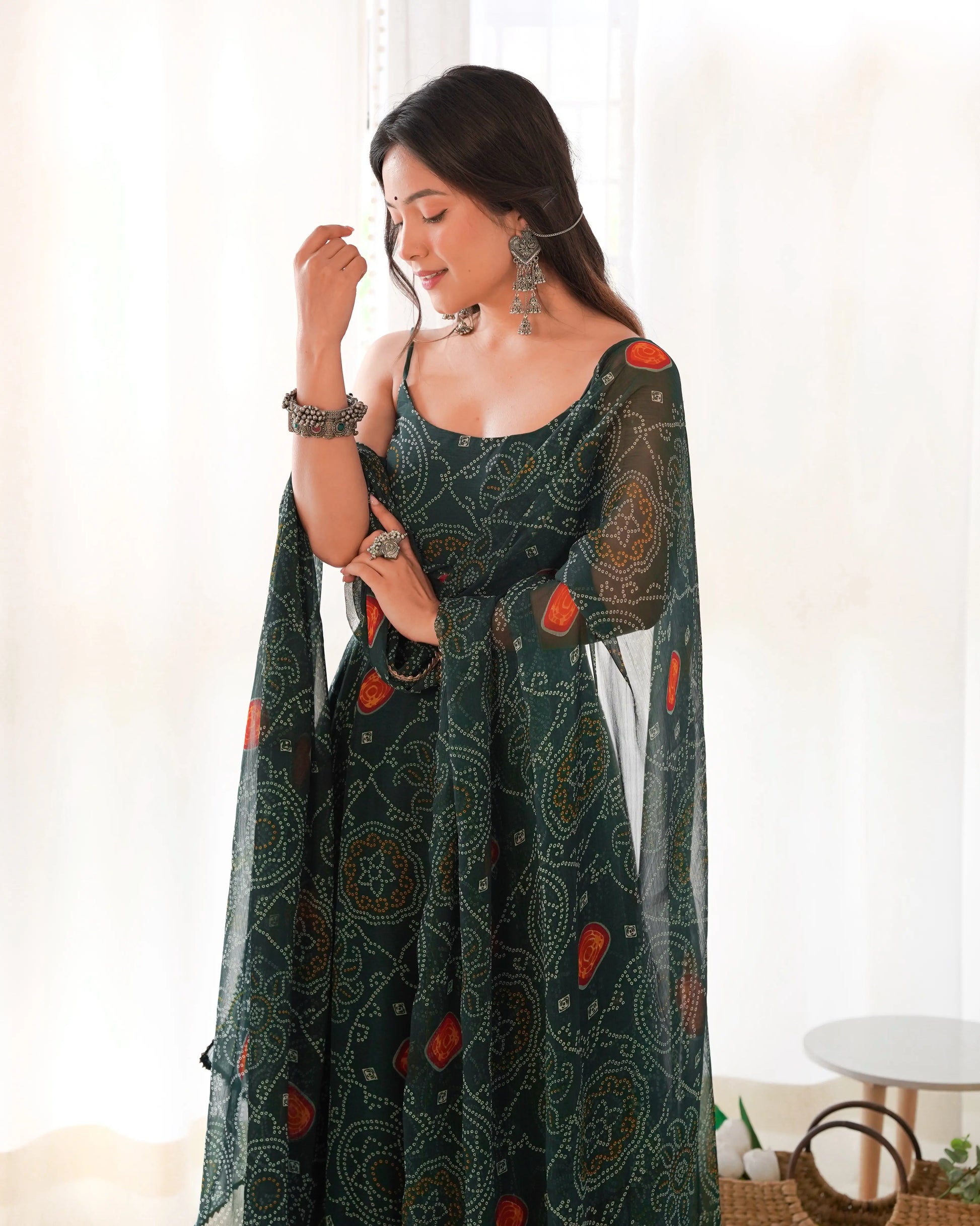 Bandhej Chiffon Flared Anarkali Gown with Dupatta