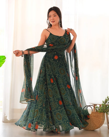 Bandhej Chiffon Flared Anarkali Gown with Dupatta