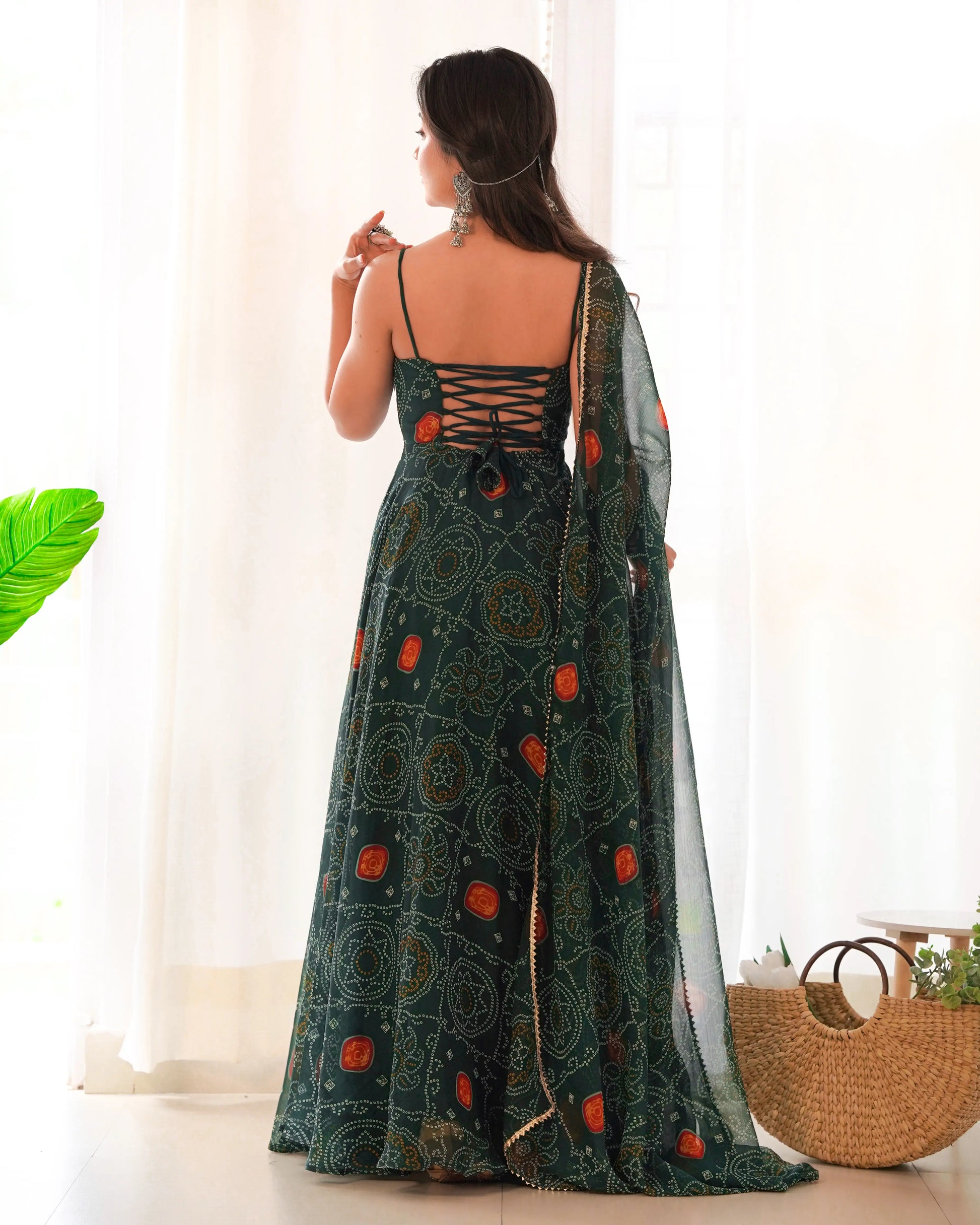 Bandhej Chiffon Flared Anarkali Gown with Dupatta