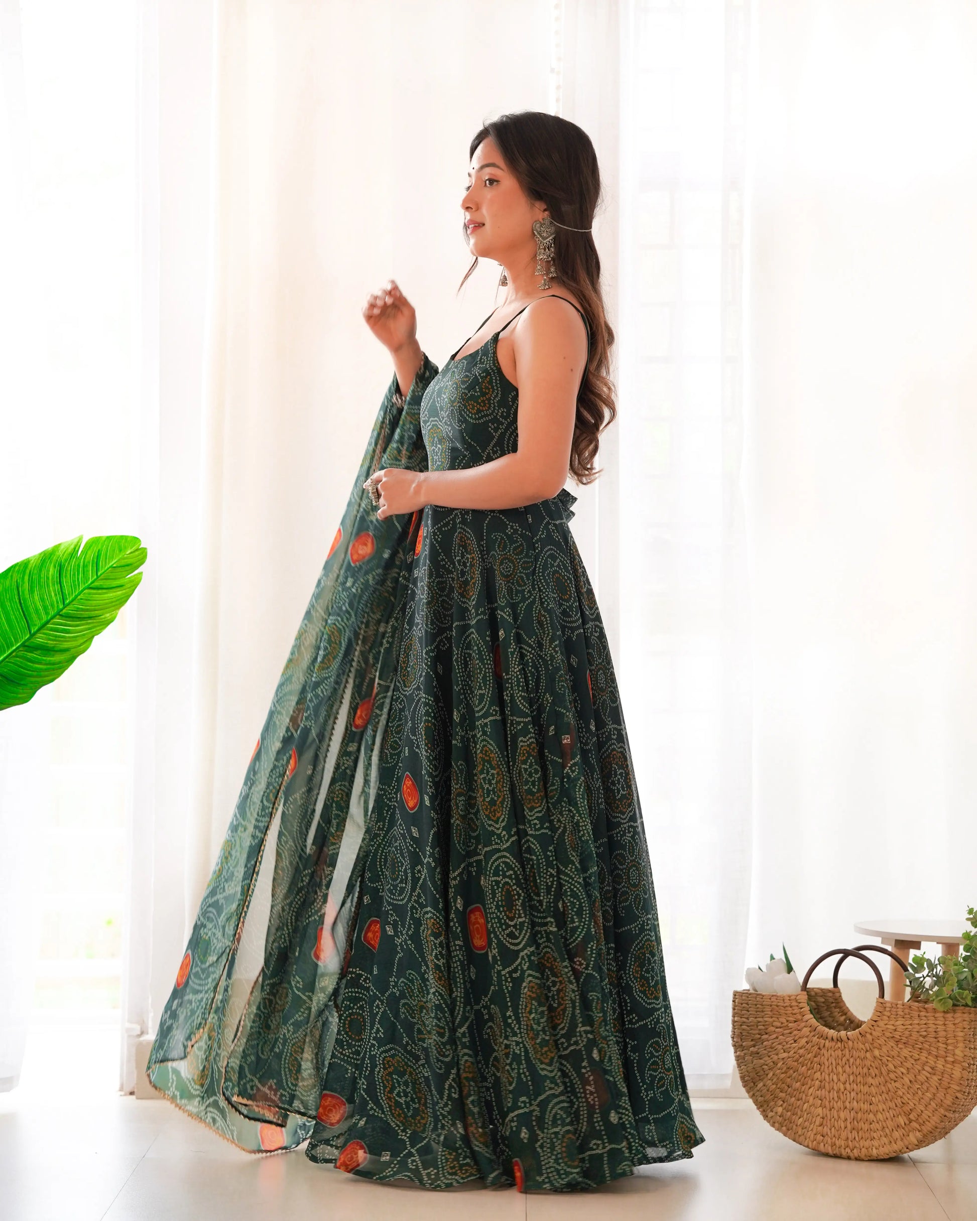 Bandhej Chiffon Flared Anarkali Gown with Dupatta
