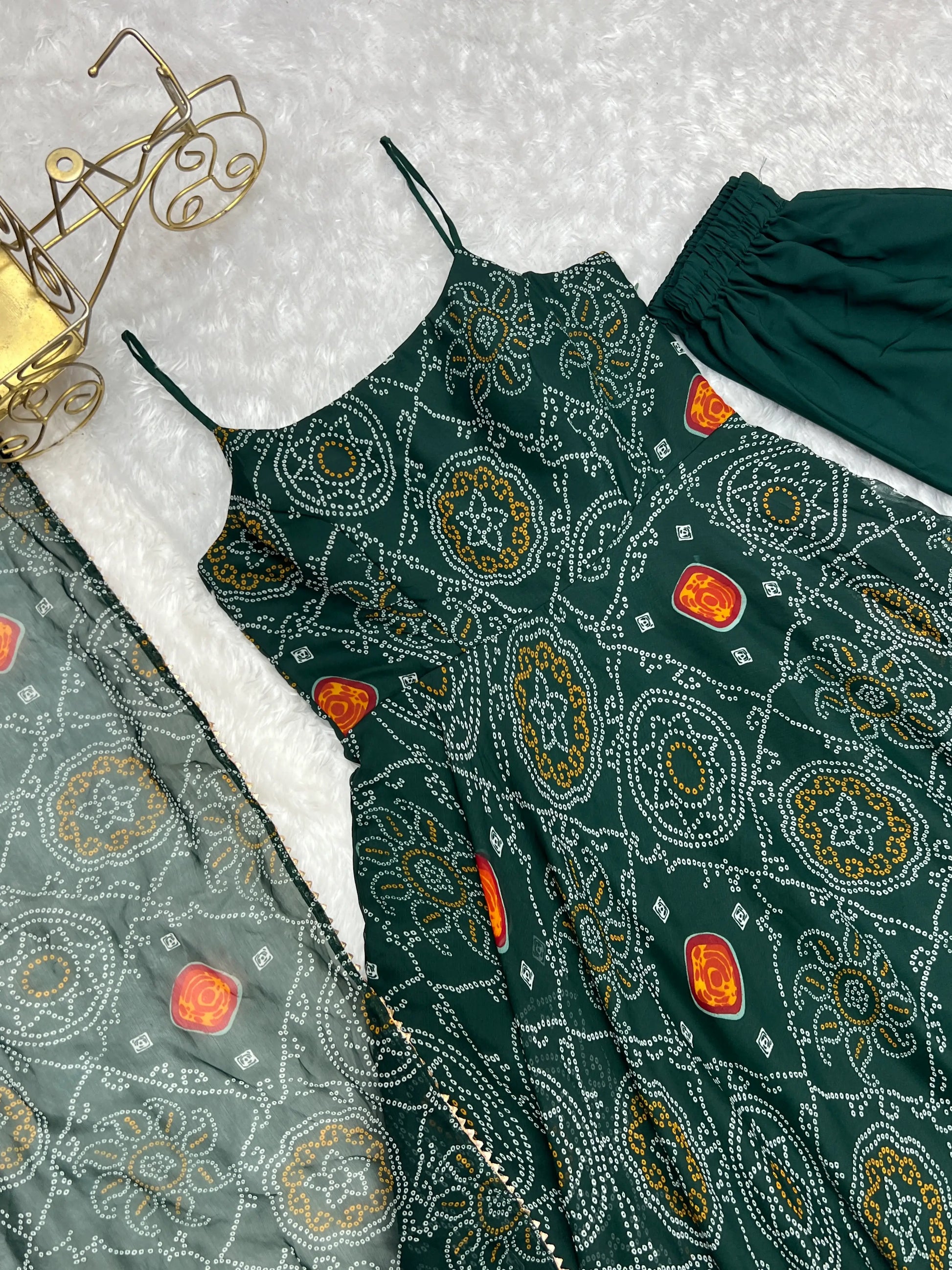 Bandhej Chiffon Flared Anarkali Gown with Dupatta
