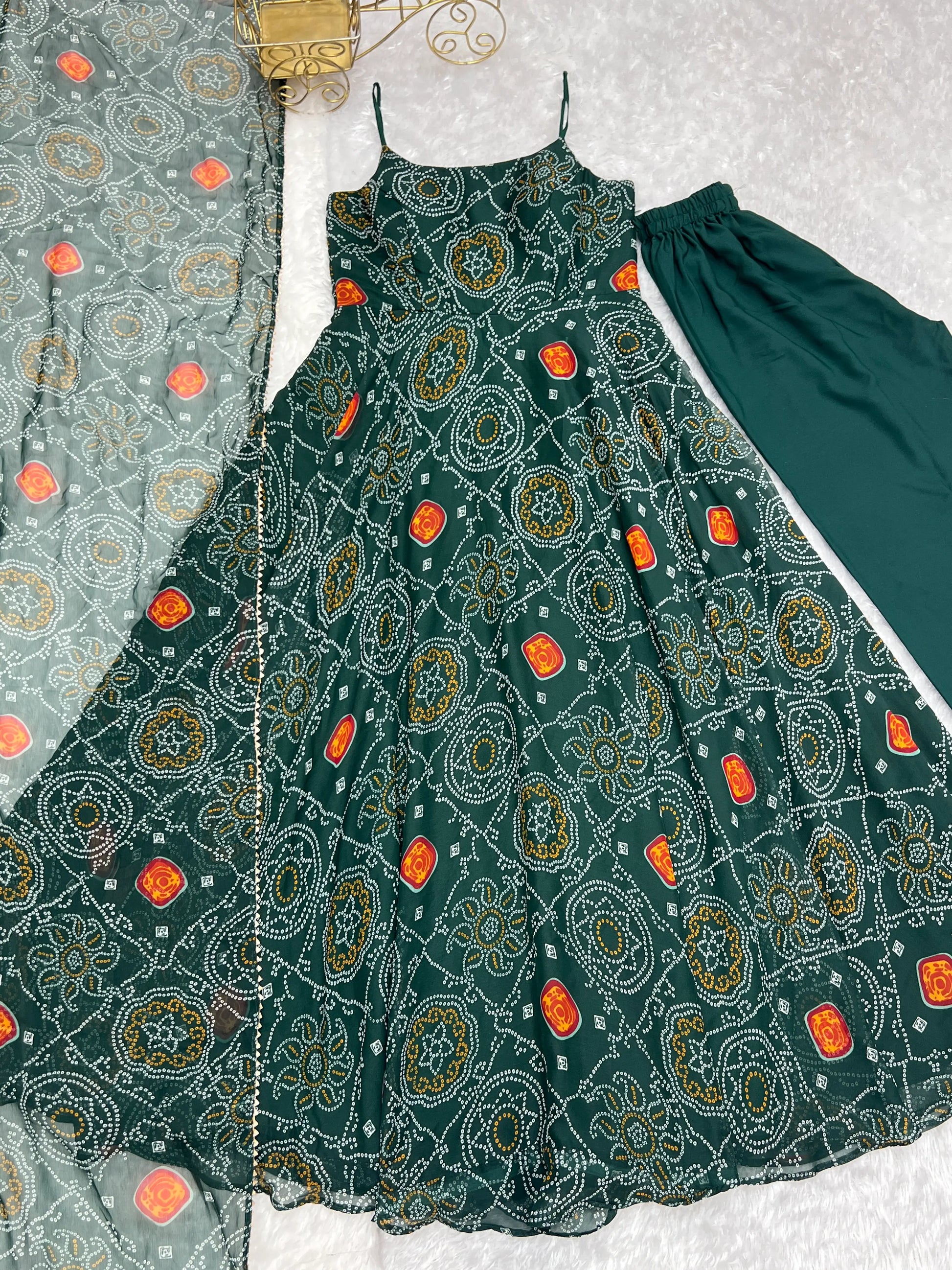 Bandhej Chiffon Flared Anarkali Gown with Dupatta