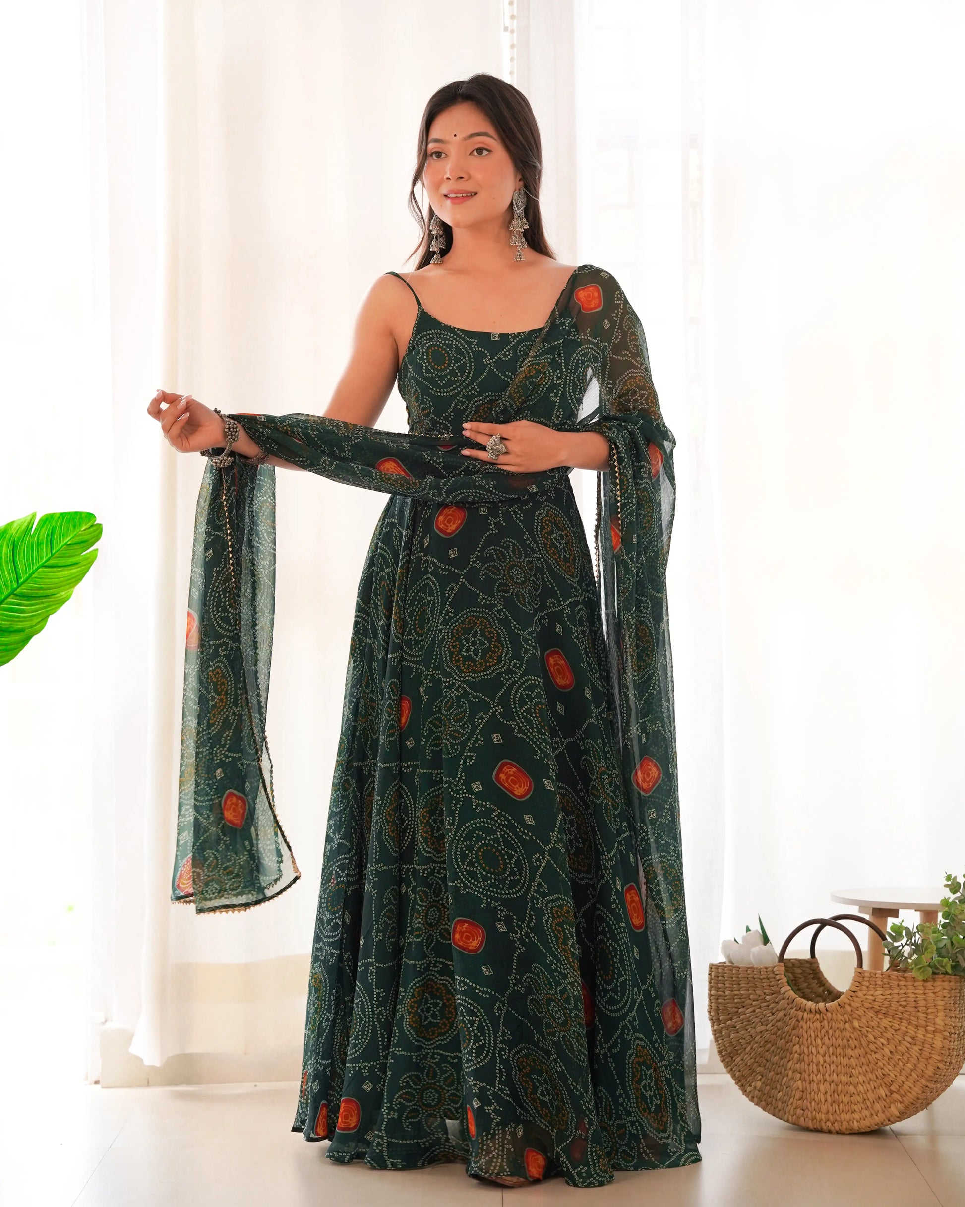 Bandhej Chiffon Flared Anarkali Gown with Dupatta