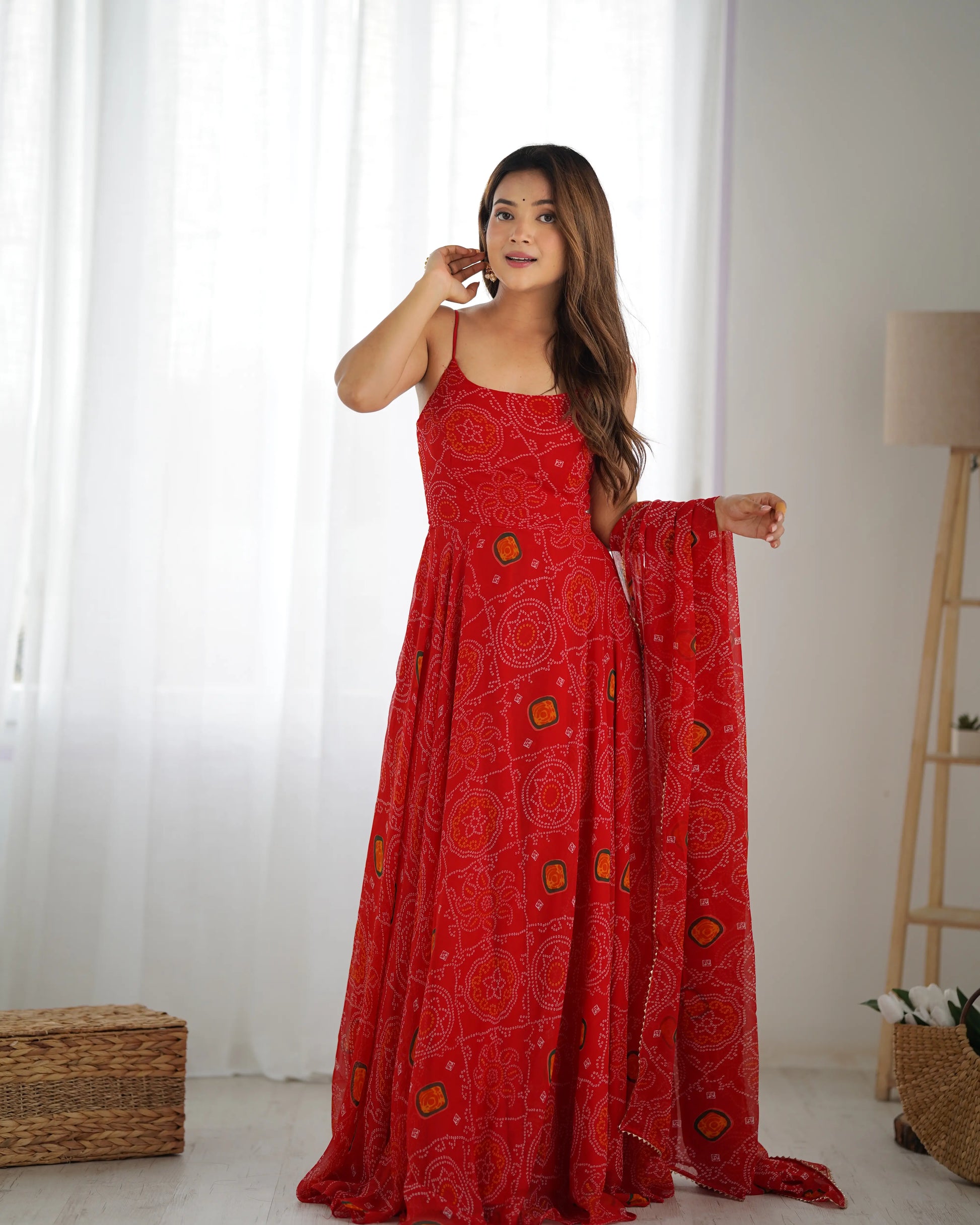 Bandhej Chiffon Flared Anarkali Gown with Dupatta