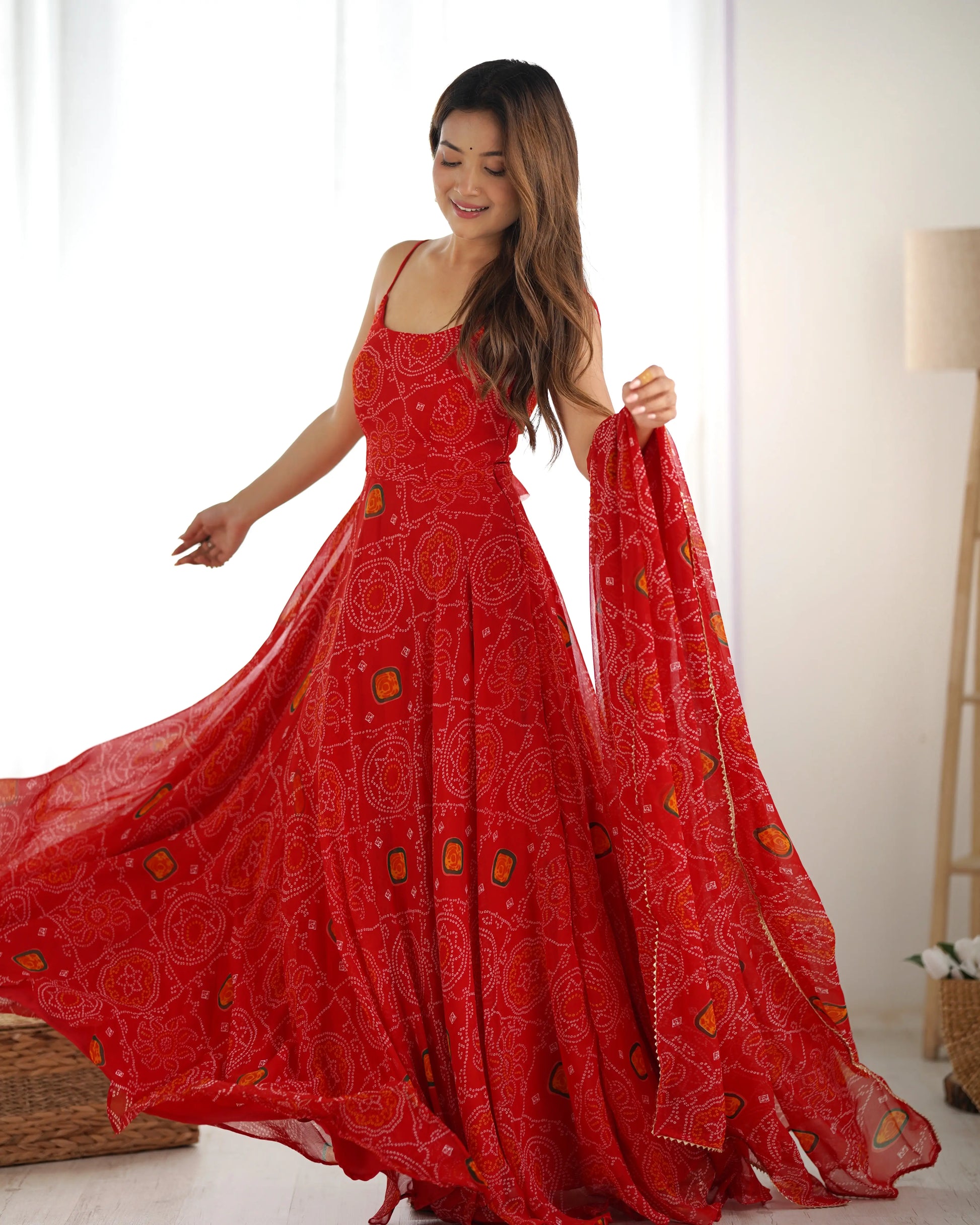Bandhej Chiffon Flared Anarkali Gown with Dupatta
