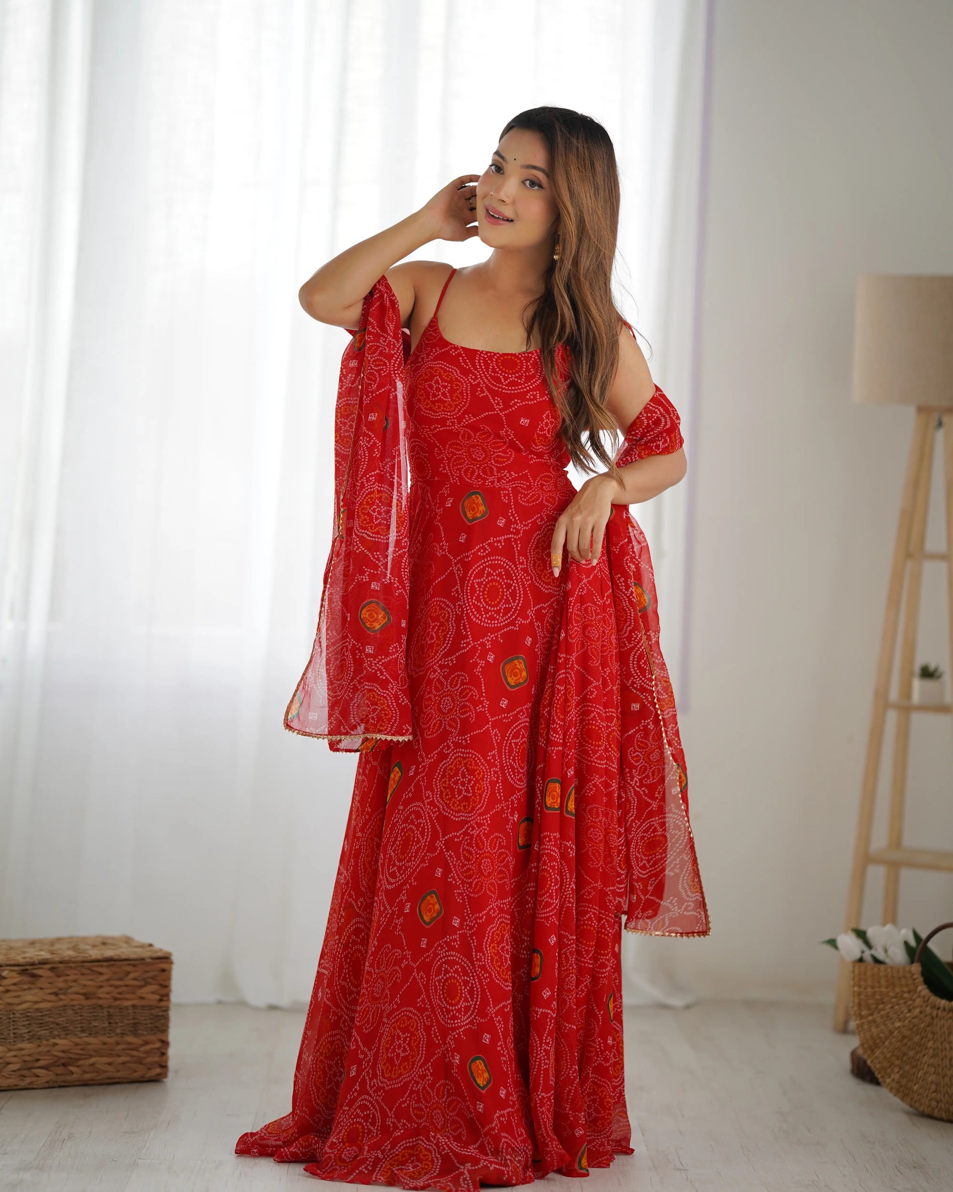 Bandhej Chiffon Flared Anarkali Gown with Dupatta