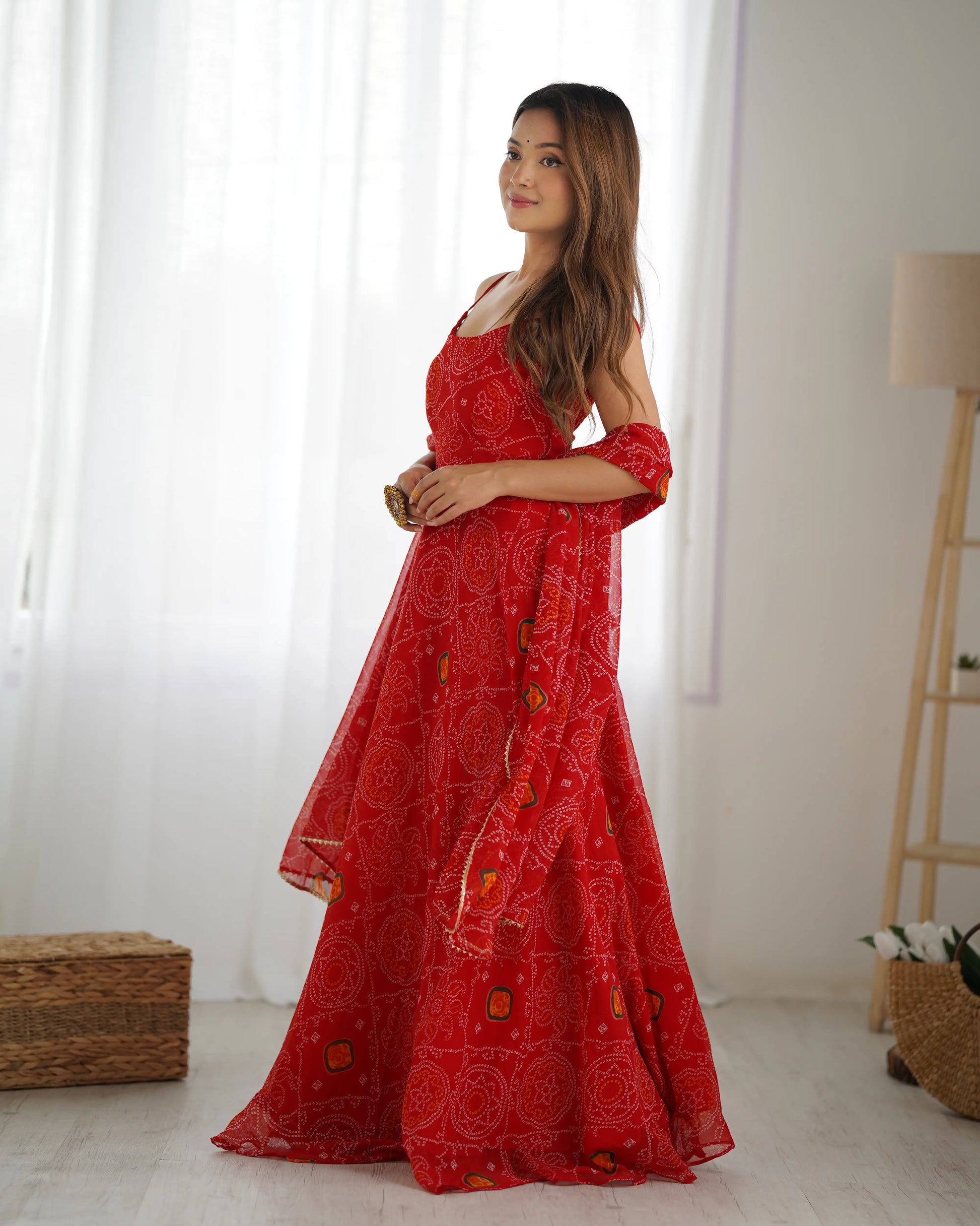 Bandhej Chiffon Flared Anarkali Gown with Dupatta