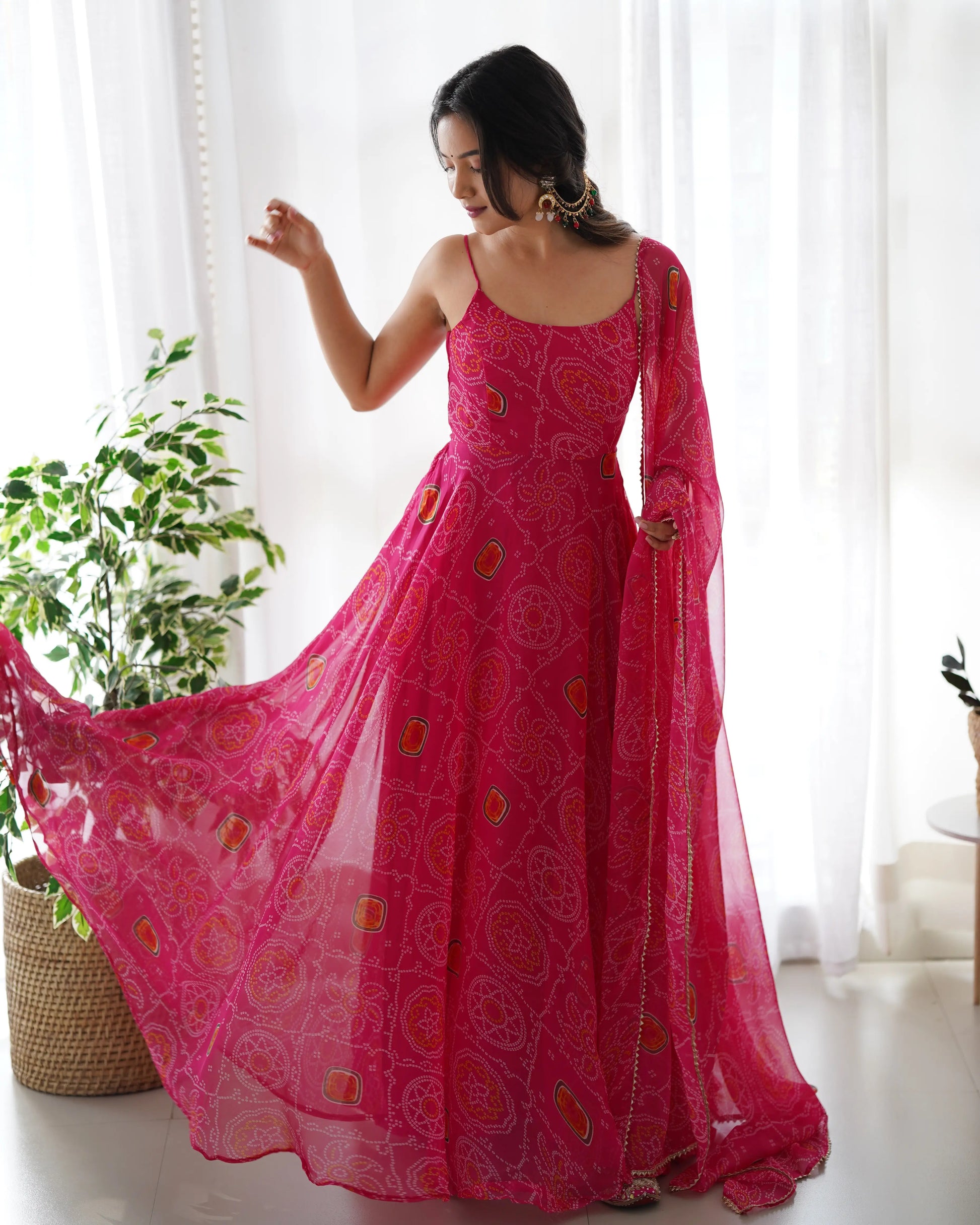 Bandhej Chiffon Flared Anarkali Gown with Dupatta