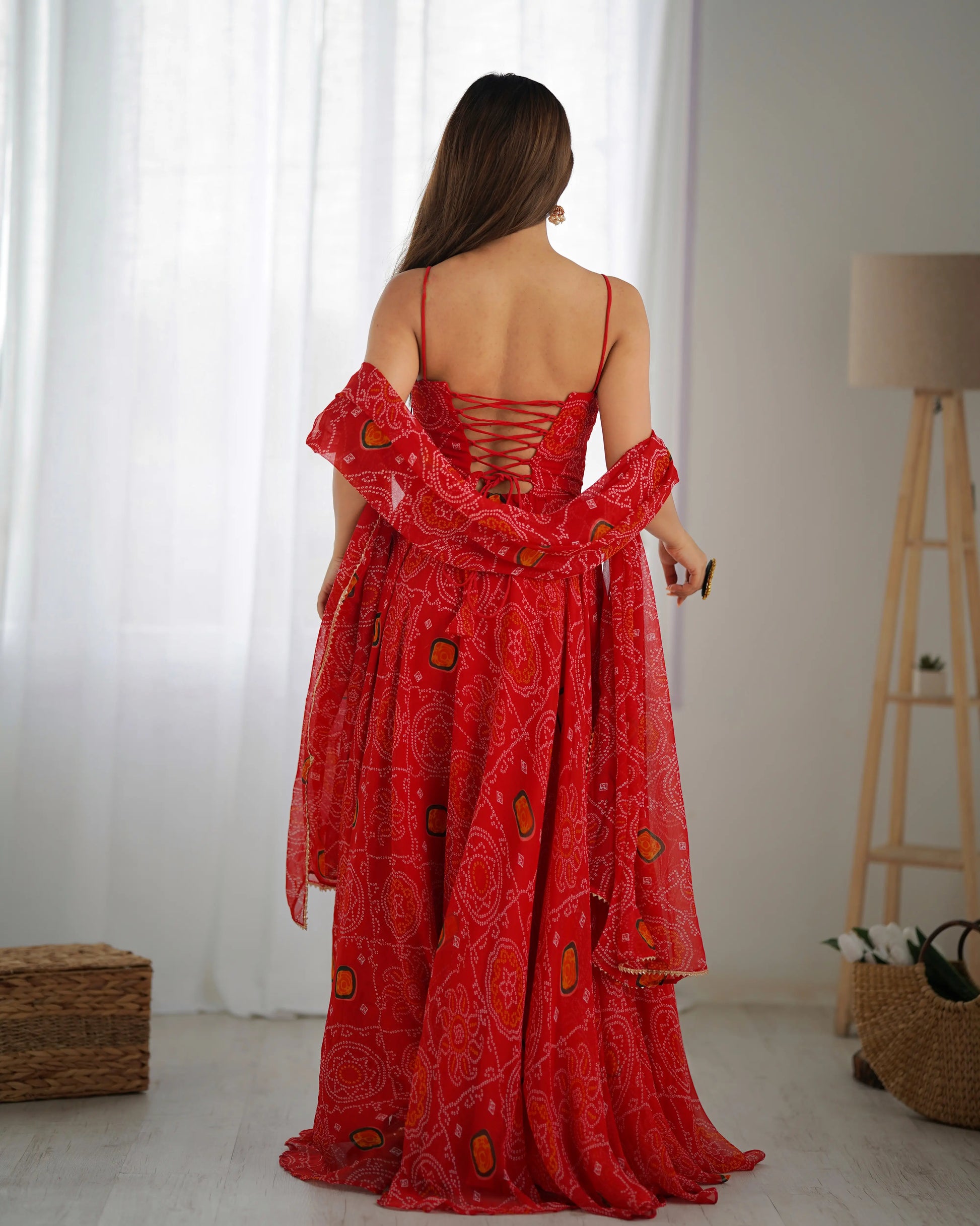 Bandhej Chiffon Flared Anarkali Gown with Dupatta