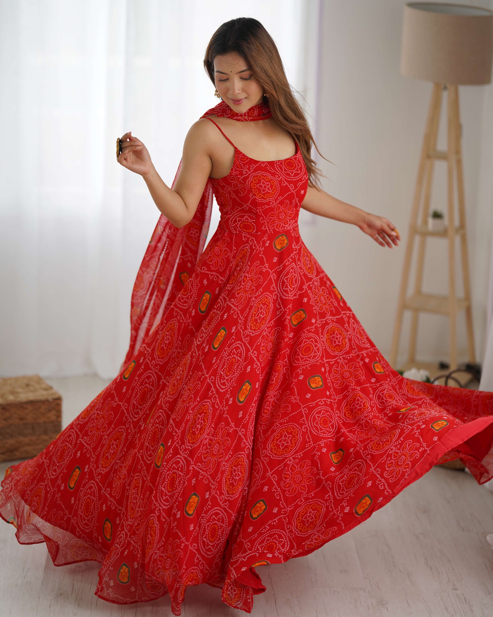 Bandhej Chiffon Flared Anarkali Gown with Dupatta