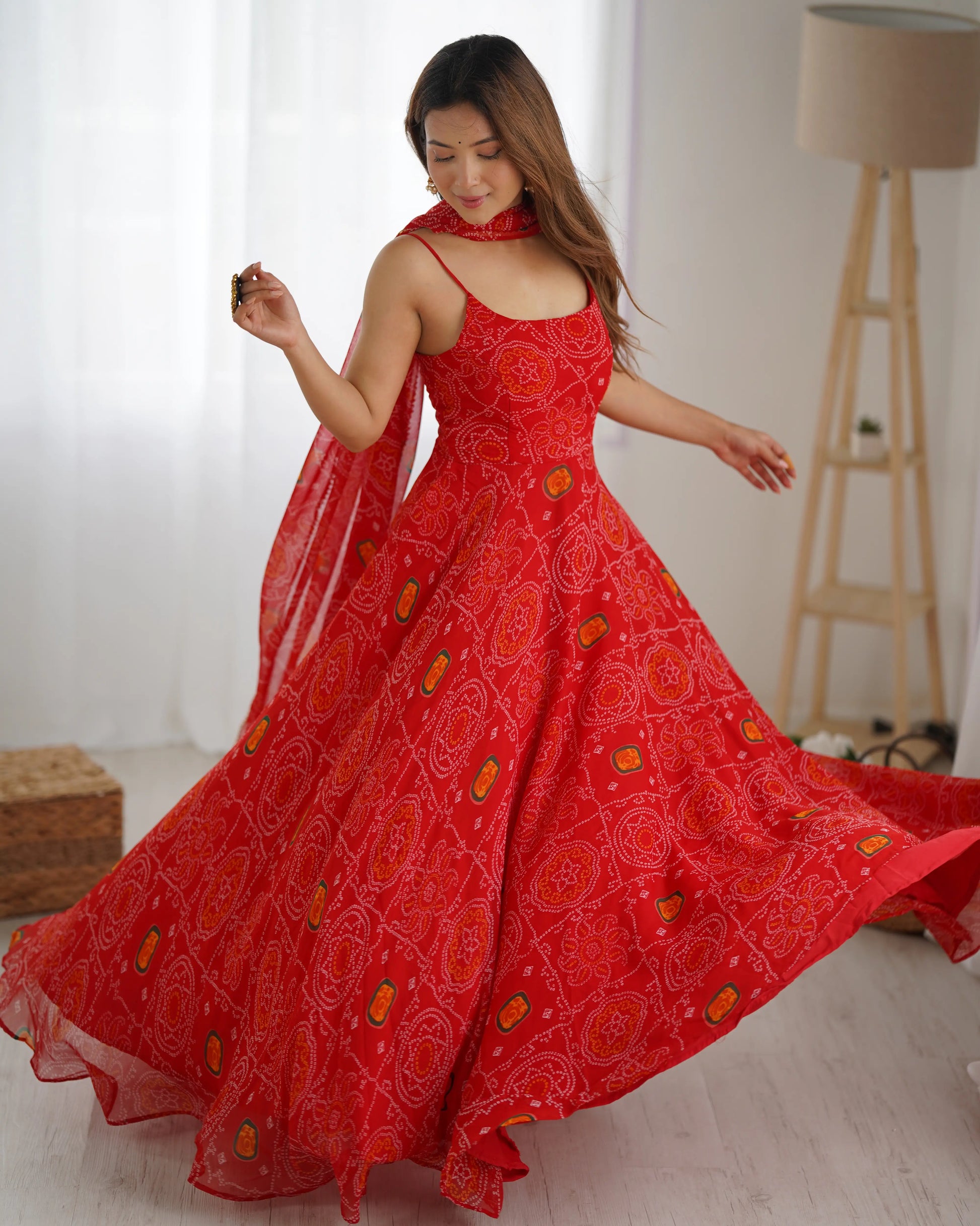 Bandhej Chiffon Flared Anarkali Gown with Dupatta