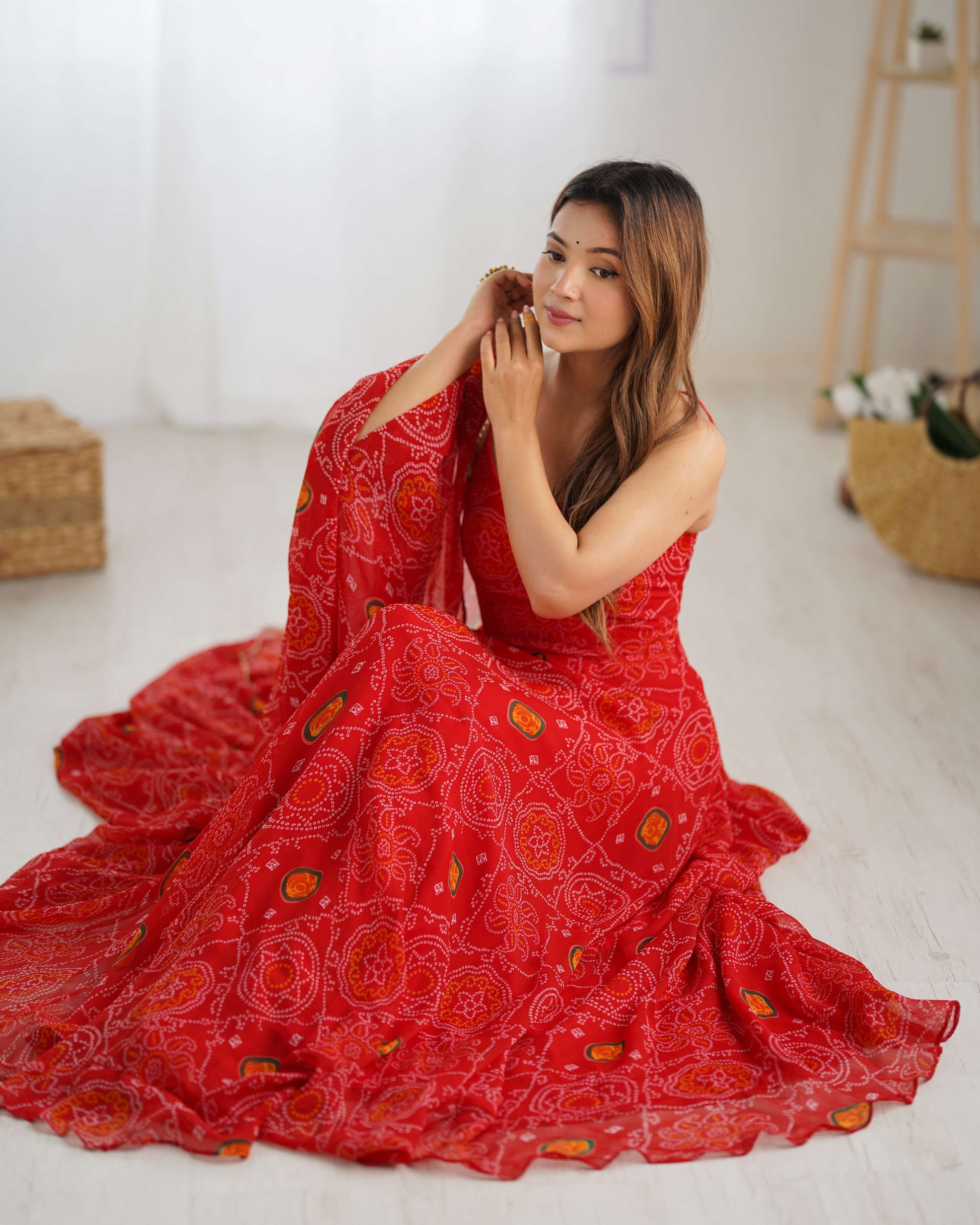 Bandhej Chiffon Flared Anarkali Gown with Dupatta