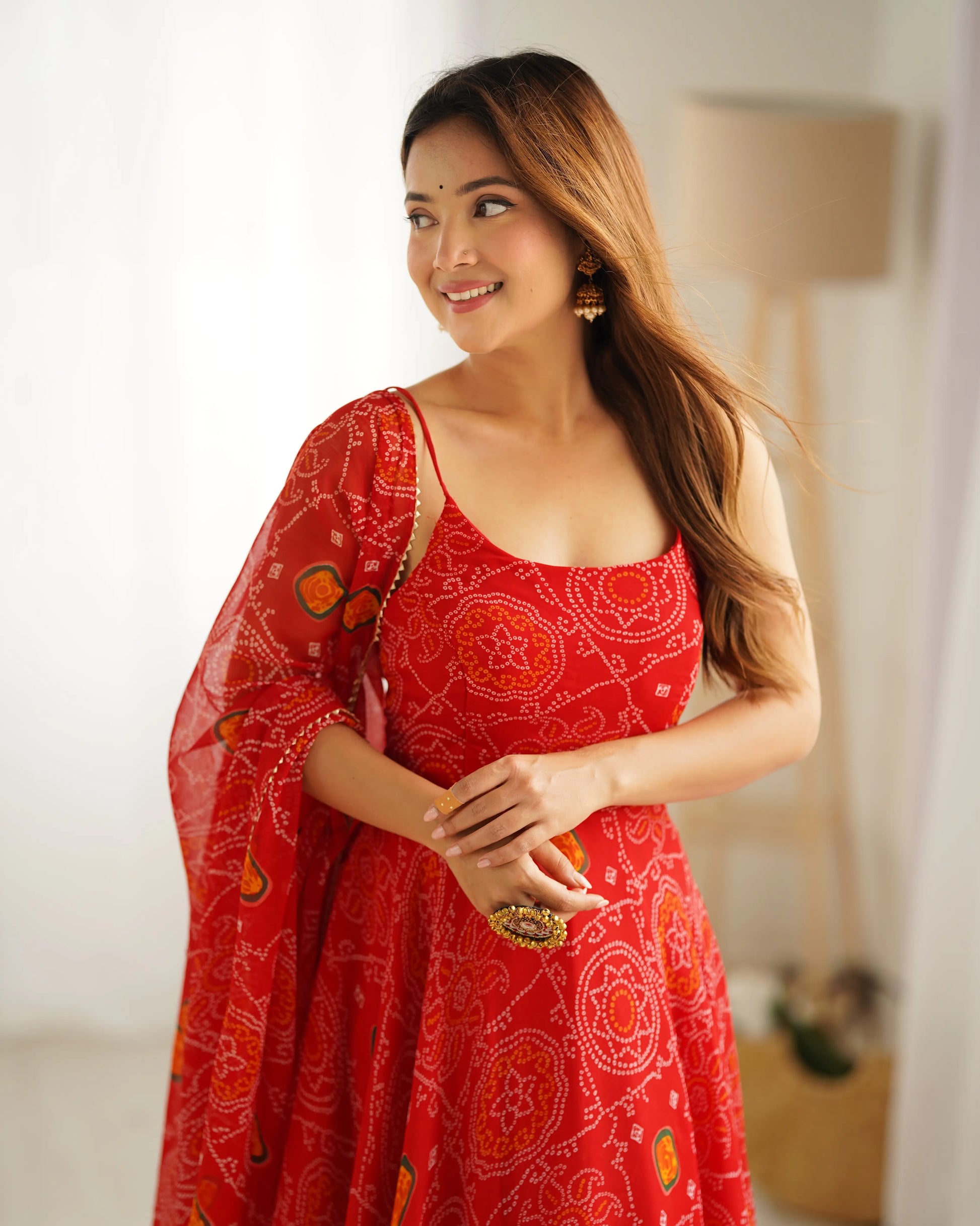 Bandhej Chiffon Flared Anarkali Gown with Dupatta