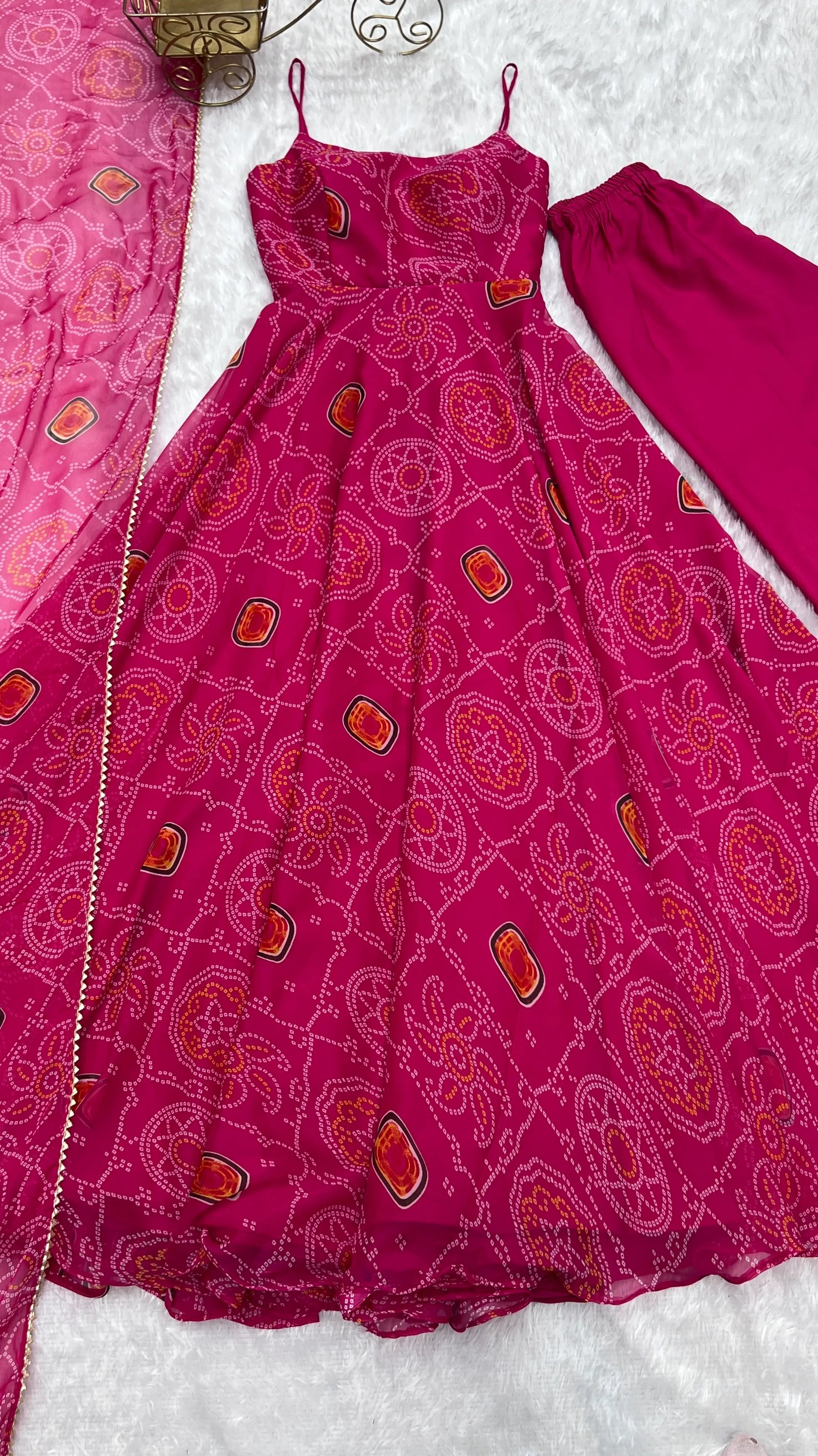Bandhej Chiffon Flared Anarkali Gown with Dupatta