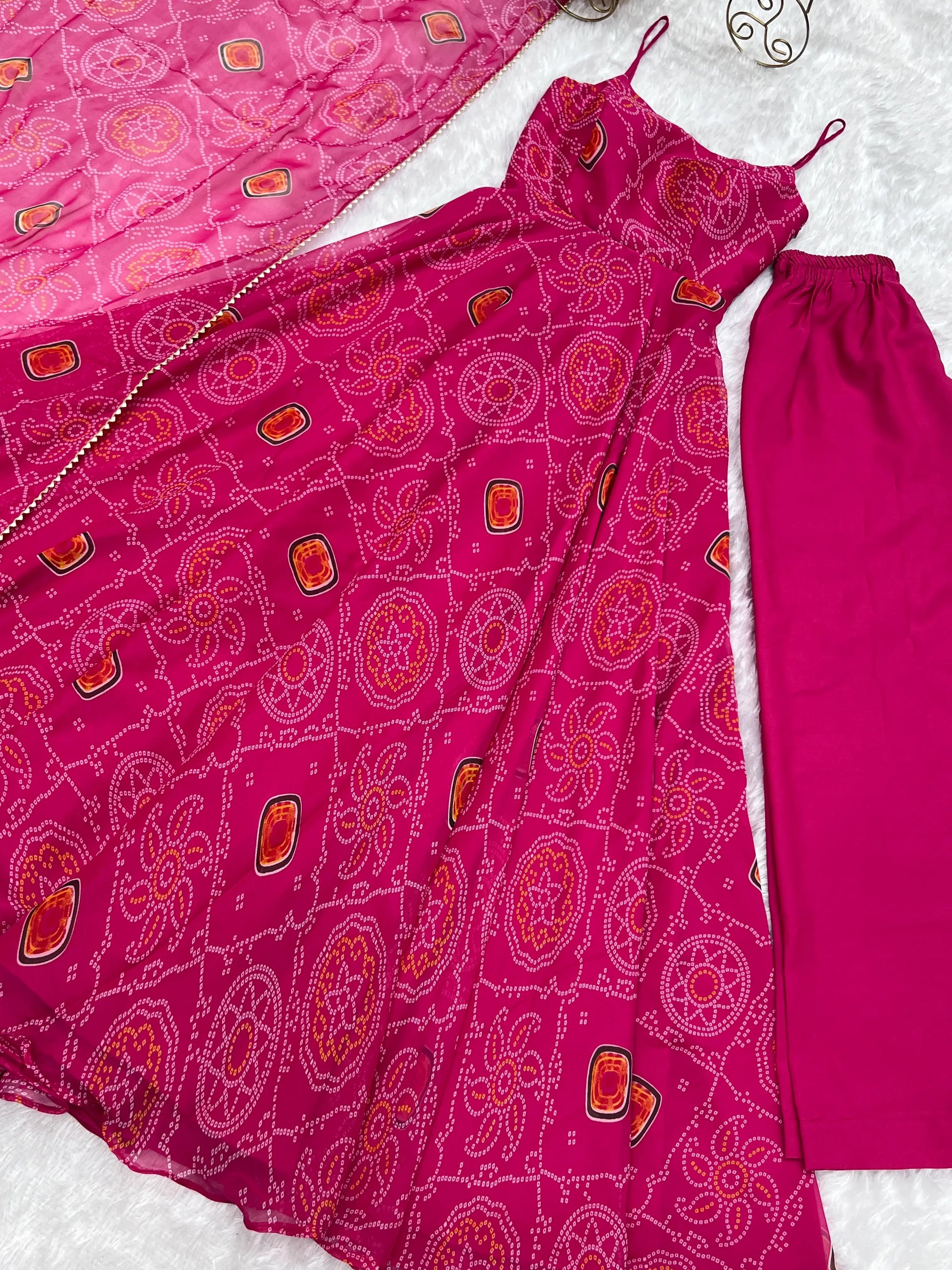 Bandhej Chiffon Flared Anarkali Gown with Dupatta