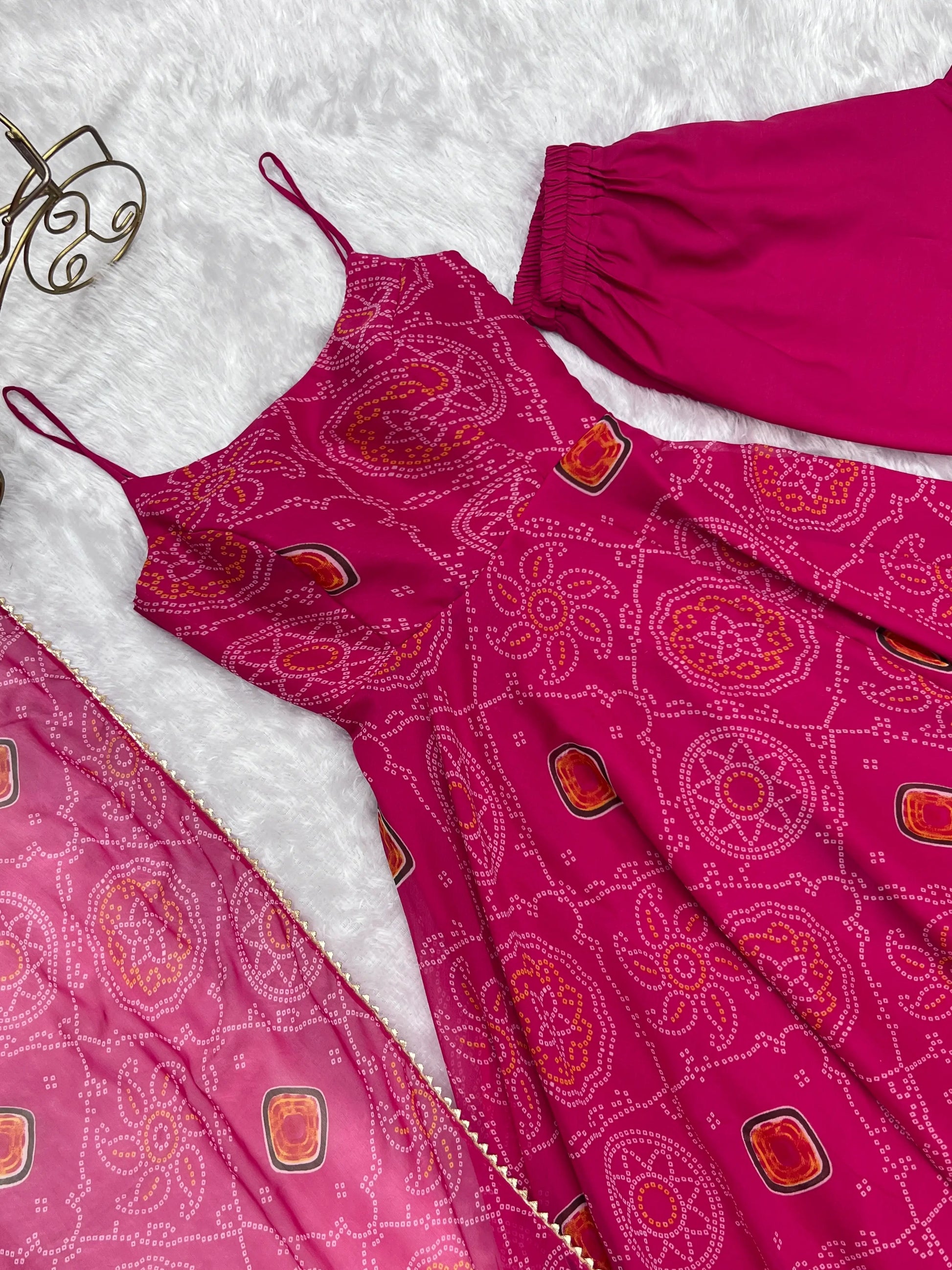 Bandhej Chiffon Flared Anarkali Gown with Dupatta