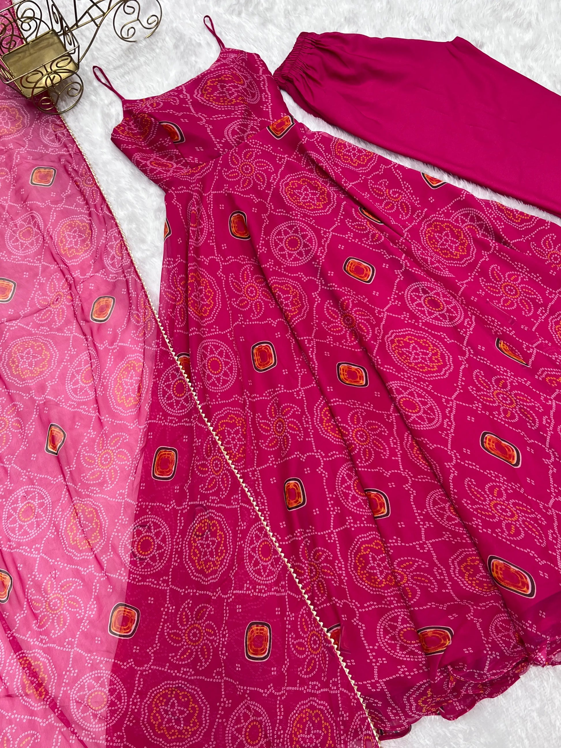 Bandhej Chiffon Flared Anarkali Gown with Dupatta