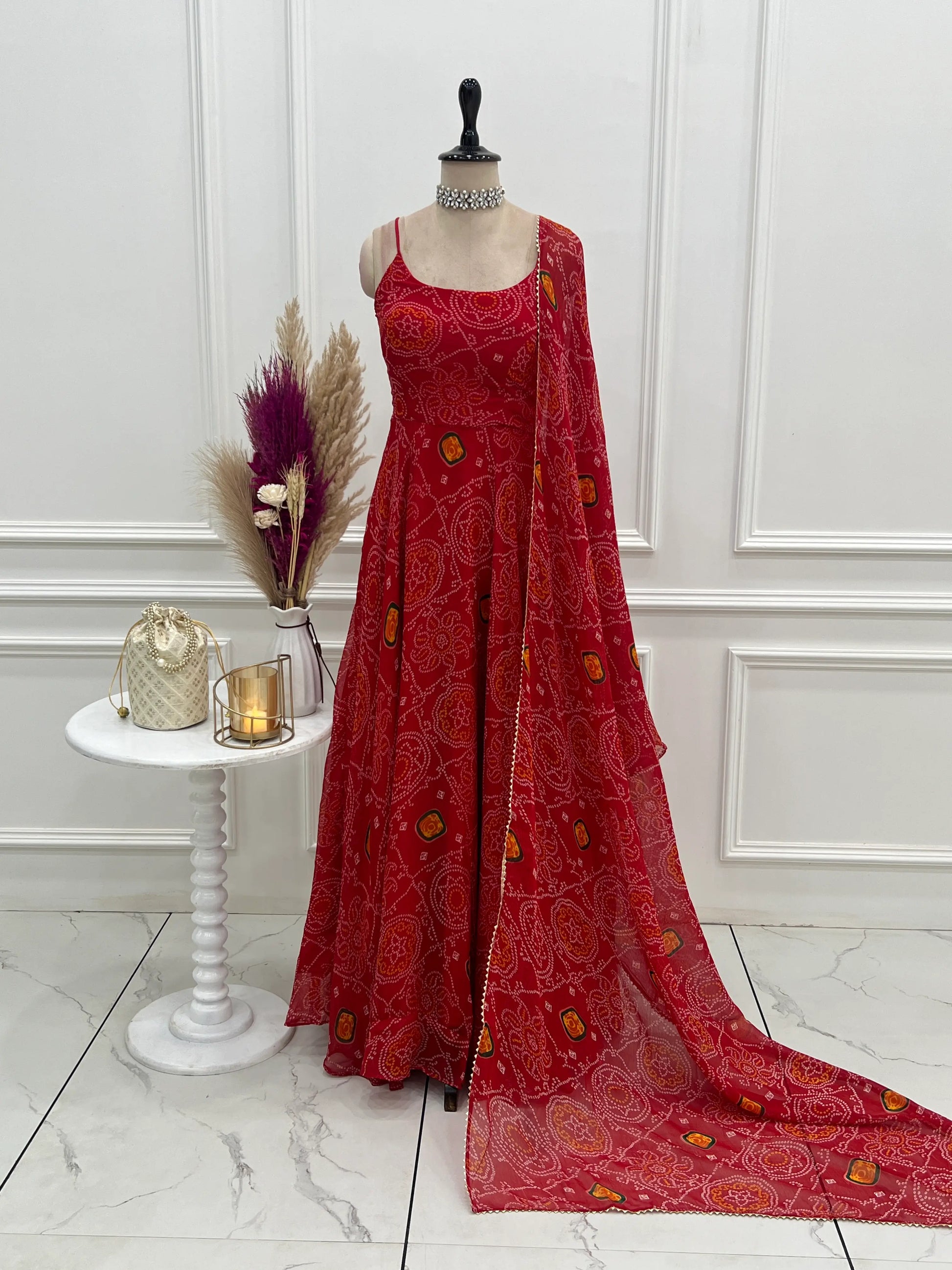 Bandhej Chiffon Flared Anarkali Gown with Dupatta