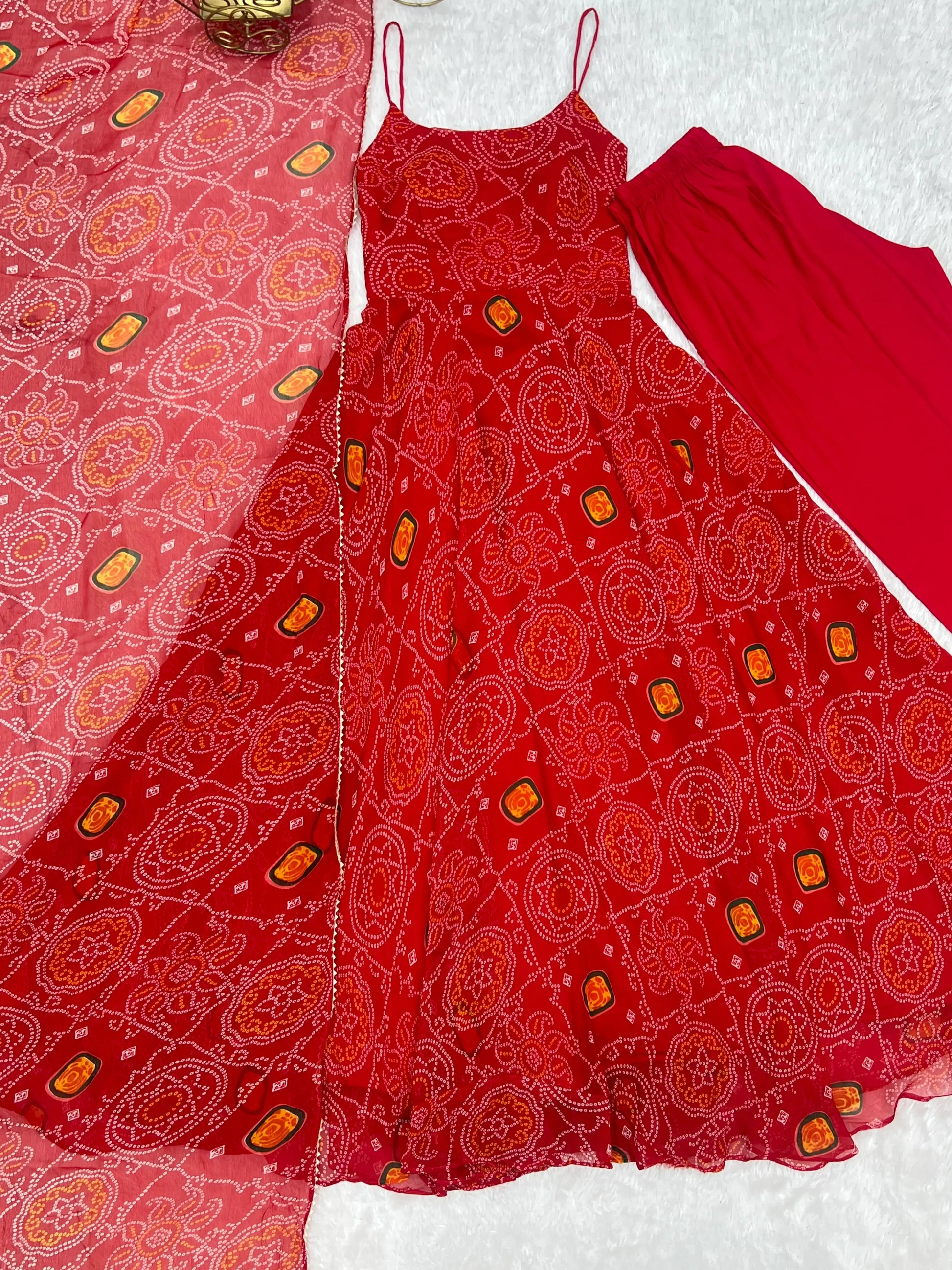 Bandhej Chiffon Flared Anarkali Gown with Dupatta