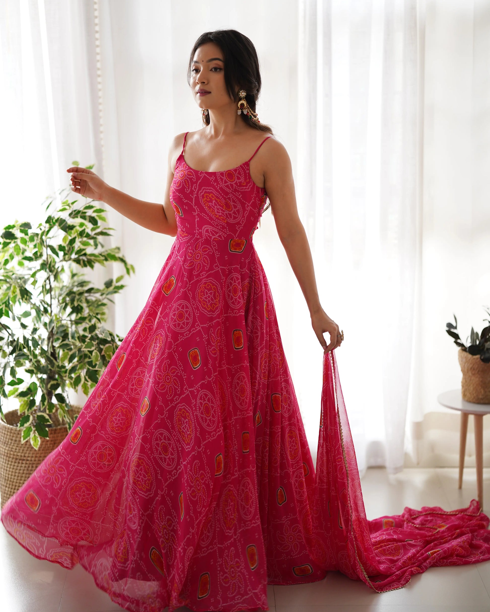 Bandhej Chiffon Flared Anarkali Gown with Dupatta