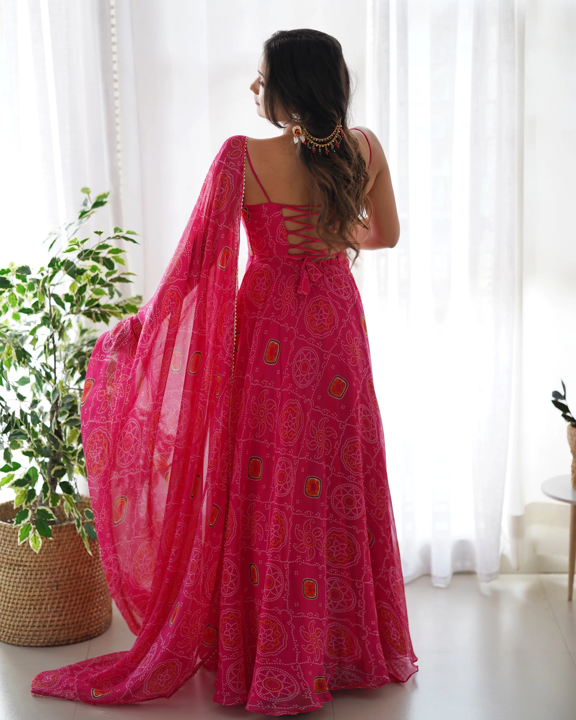 Bandhej Chiffon Flared Anarkali Gown with Dupatta
