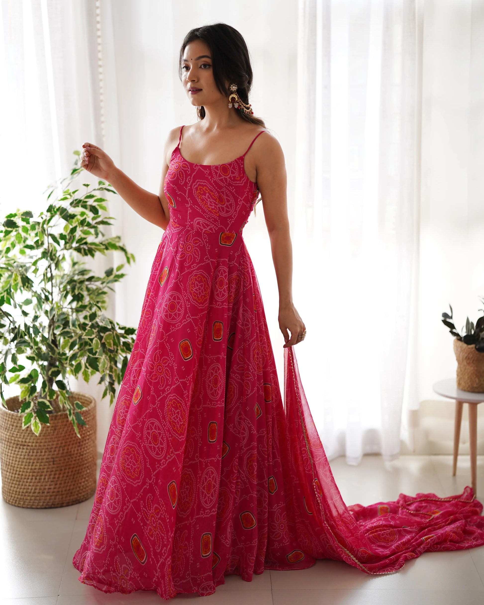 Bandhej Chiffon Flared Anarkali Gown with Dupatta