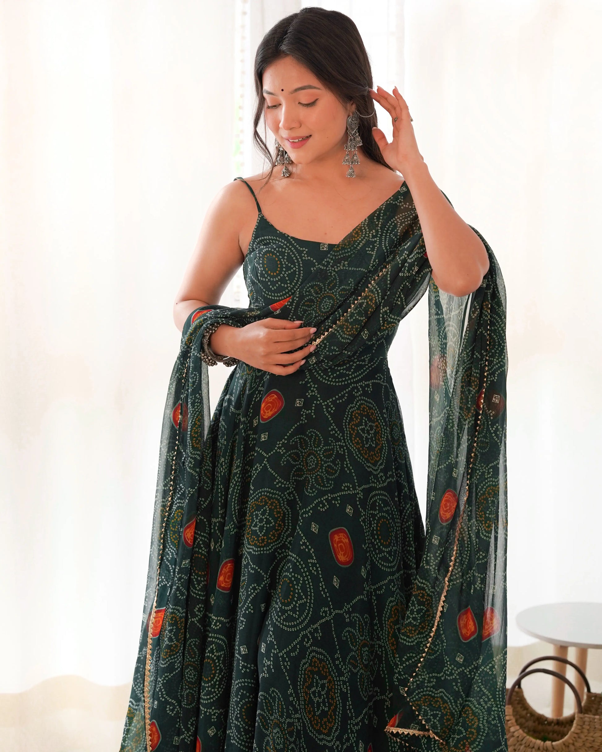 Bandhej Chiffon Flared Anarkali Gown with Dupatta