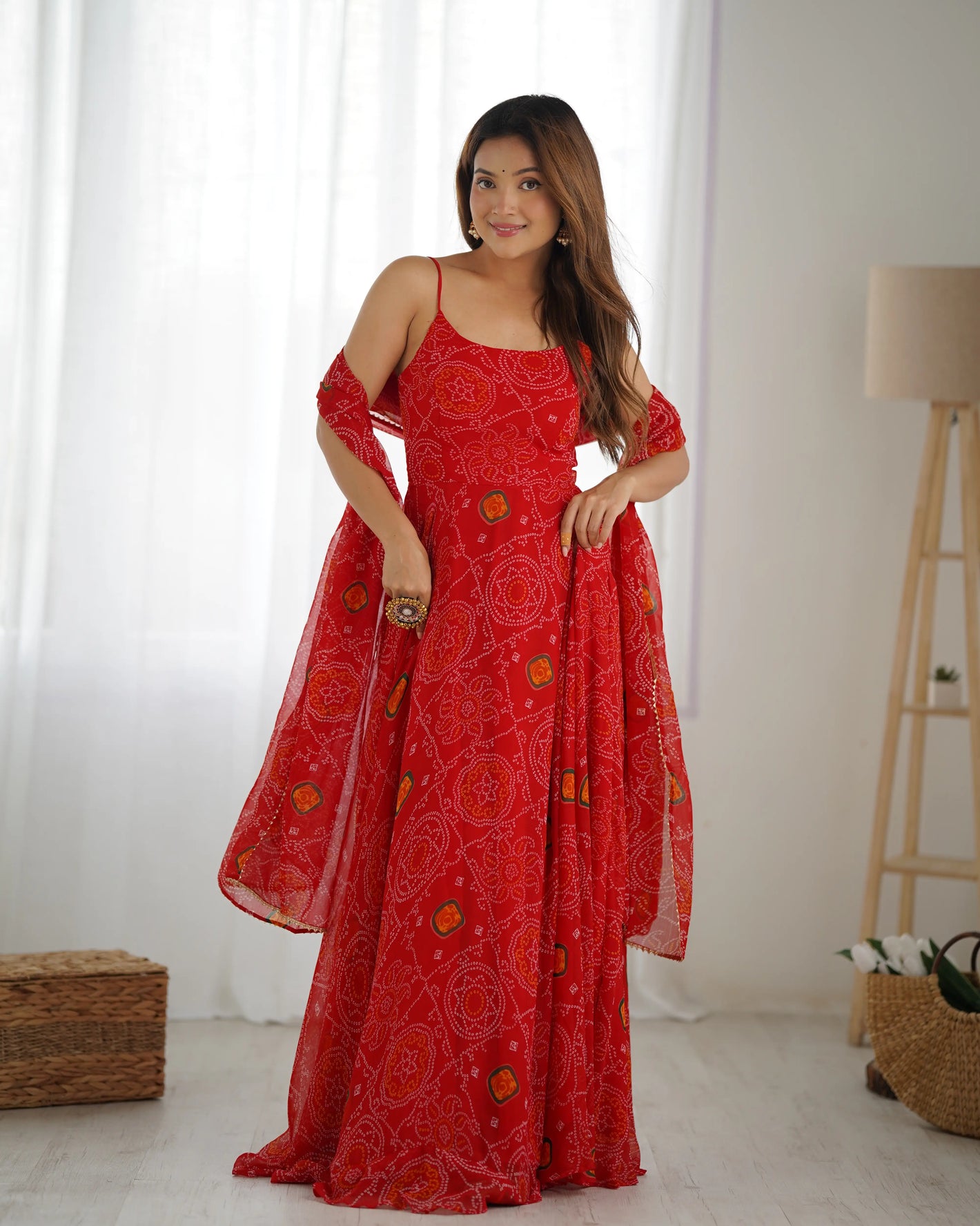 Bandhej Chiffon Flared Anarkali Gown with Dupatta