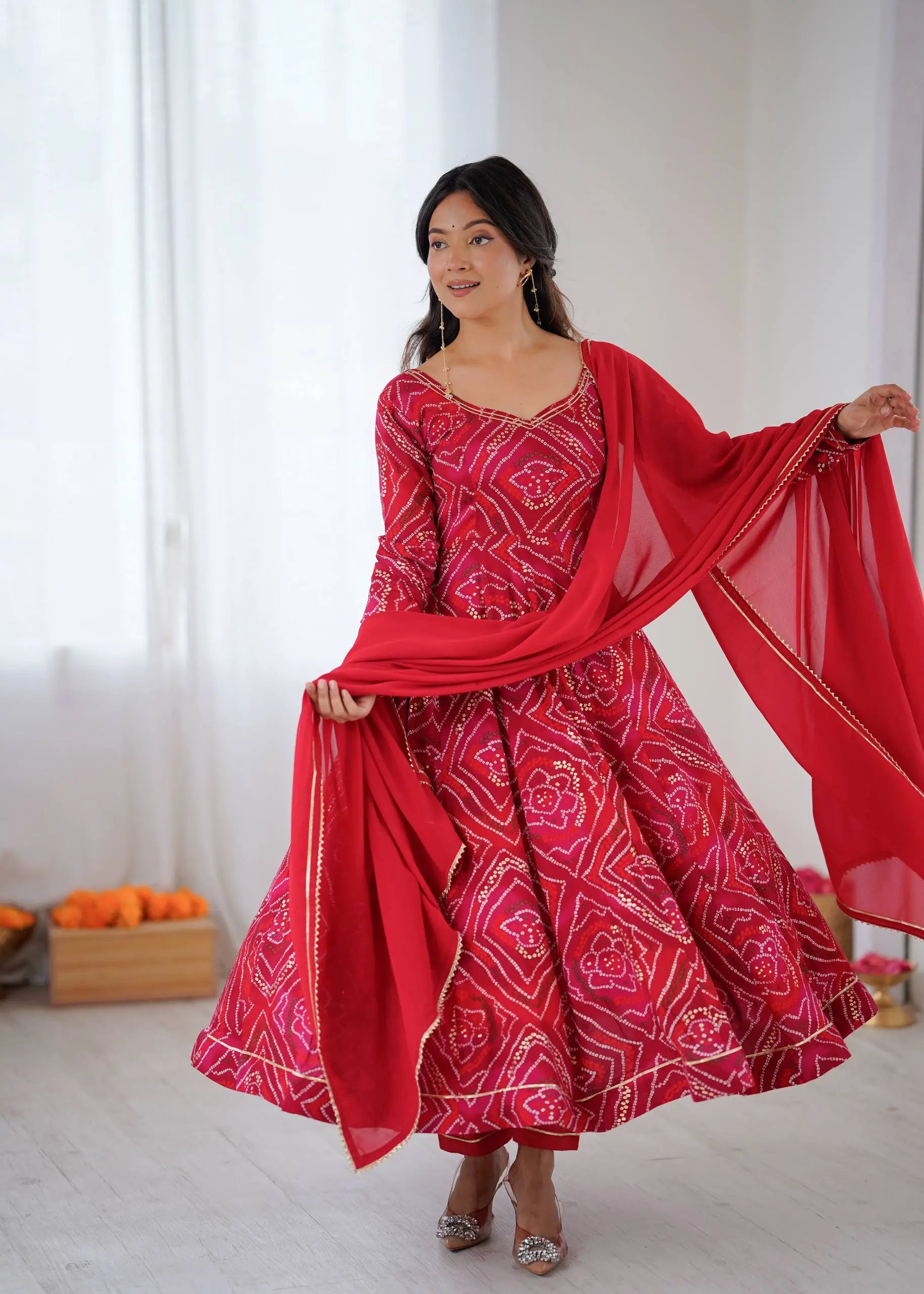 Bandhej Print Viscose Rayon Anarkali Gown Set with Dupatta