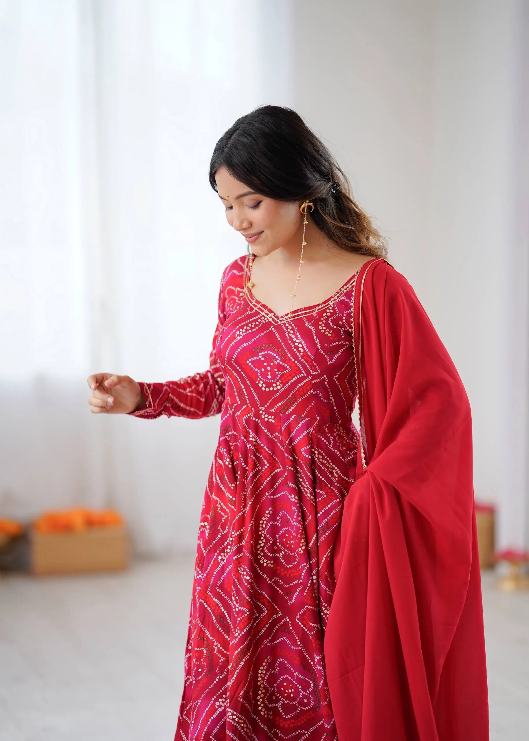 Bandhej Print Viscose Rayon Anarkali Gown Set with Dupatta