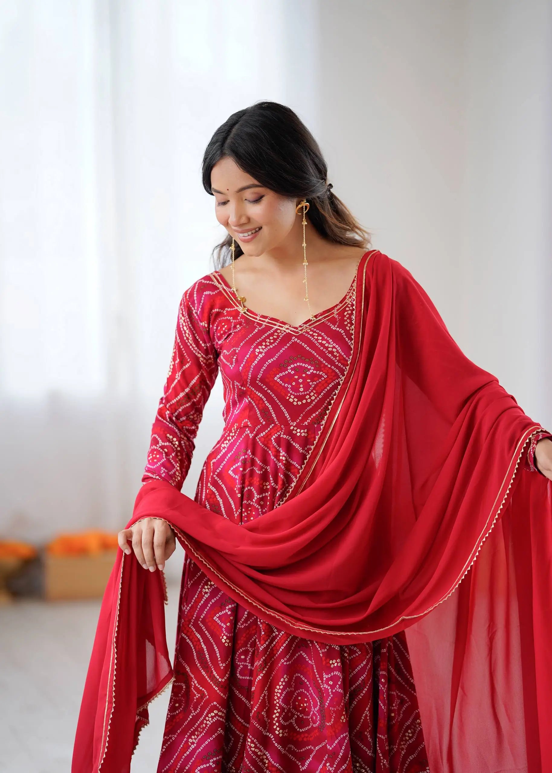 Bandhej Print Viscose Rayon Anarkali Gown Set with Dupatta