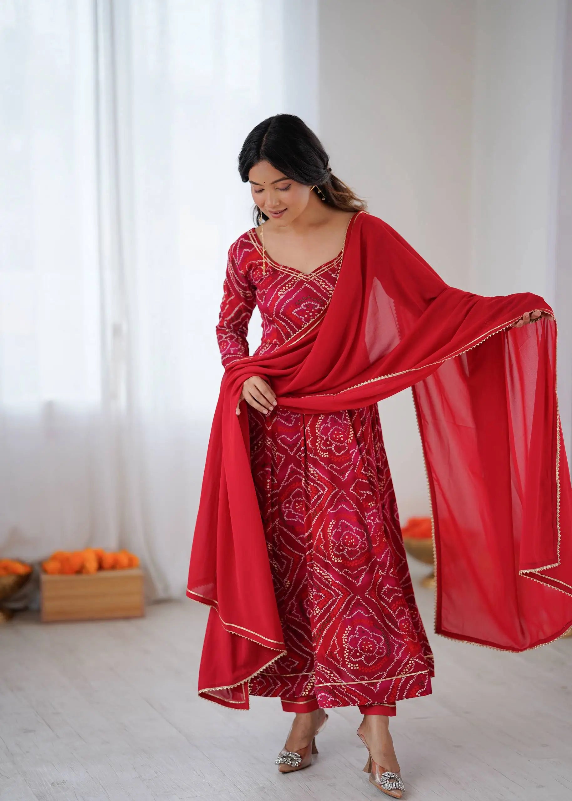 Bandhej Print Viscose Rayon Anarkali Gown Set with Dupatta